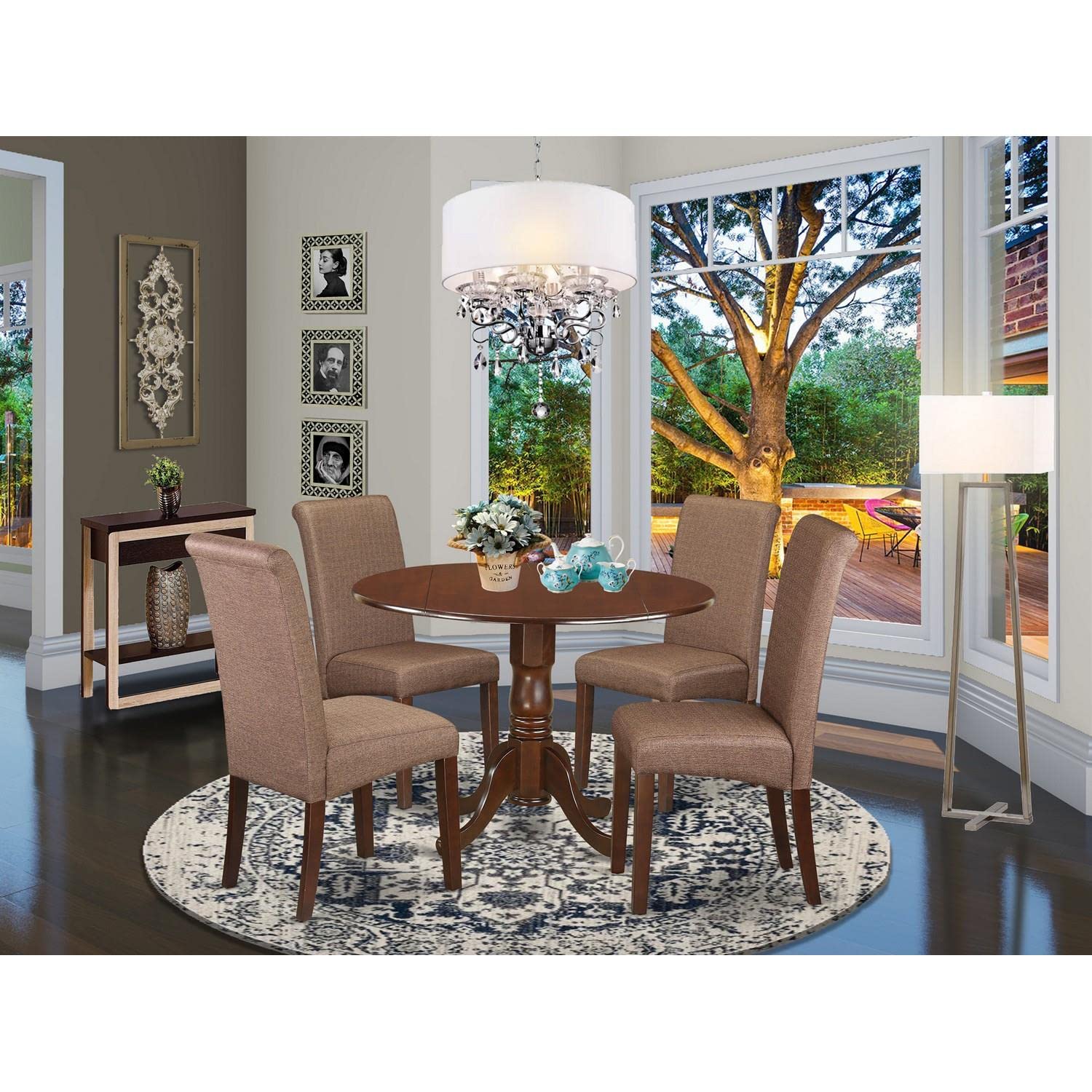 East West Furniture DLBA5-MAH-18 5-Piece Round Dining Table Set with Drop Leaf & 4 Brown Linen Fabric Parson Chairs, 42x42 Inch, Mahogany - Perfect for Small Kitchens, Breakfast Nooks & Cozy Dining Spaces