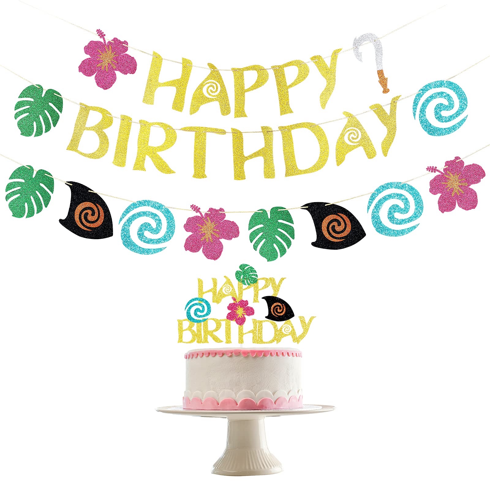 Moana Birthday Party Decorations Set - Happy Birthday Banner & Cake Topper for Hawaiian Luau, Tropical Summer Party, Baby Shower - Perfect for Moana Themed Celebrations and Disney Inspired Events