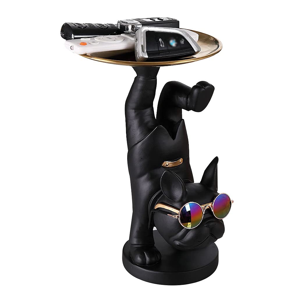 Resin Bulldog Key Holder & Storage Tray - Desktop Organizer for Keys, Phone, Wallet, Coins, Jewelry - Cute Dog Figurine Candy Dish - Perfect for Home Office Decor & Halloween Decorations (Black)