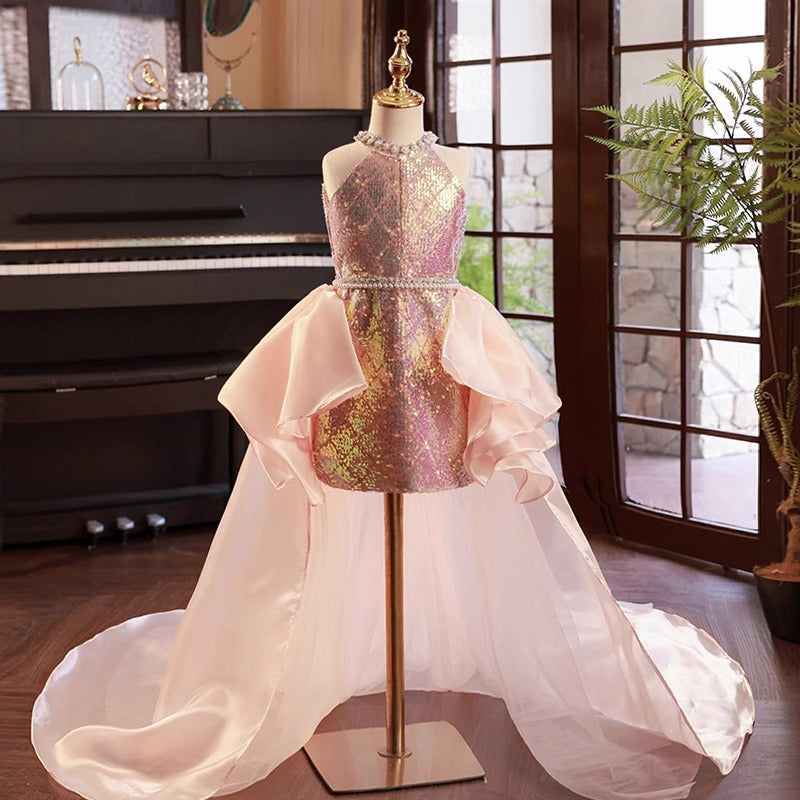 Elegant Baby Girls Sleeveless Sequin Princess Dress with Long Trail - Toddler Pageant Gown for Special Occasions, Birthday Parties & Photo Shoots