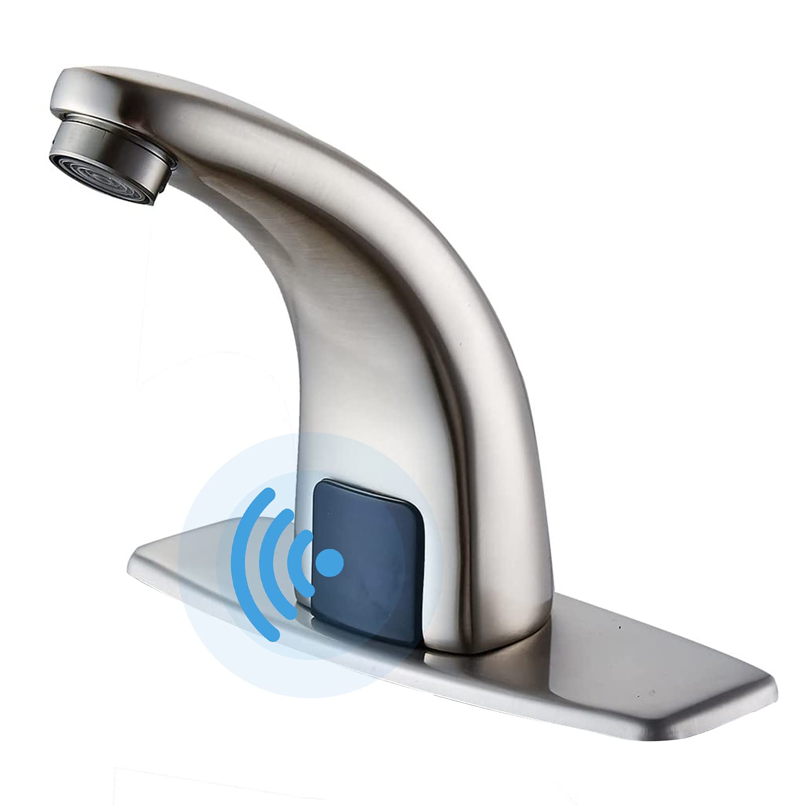 BWE Touchless Bathroom Faucet - Brushed Nickel Automatic Sensor Sink Faucet with Control Box & Temperature Mixer | Hands-Free Single Hole Water Tap with Hole Cover Plate | Perfect for Modern Vanities & ADA Compliant Bathrooms