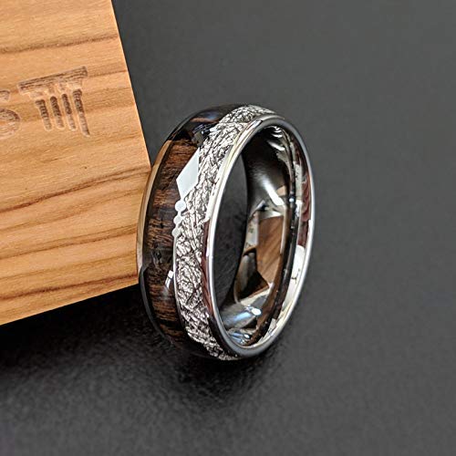 Tungsten Meteorite Wedding Band for Men - 8mm Koa Wood Ring with Arrow Inlay - Durable Meteorite & Wood Anniversary Gift for Him - Perfect for Outdoor Adventures, Weddings & Special Occasions