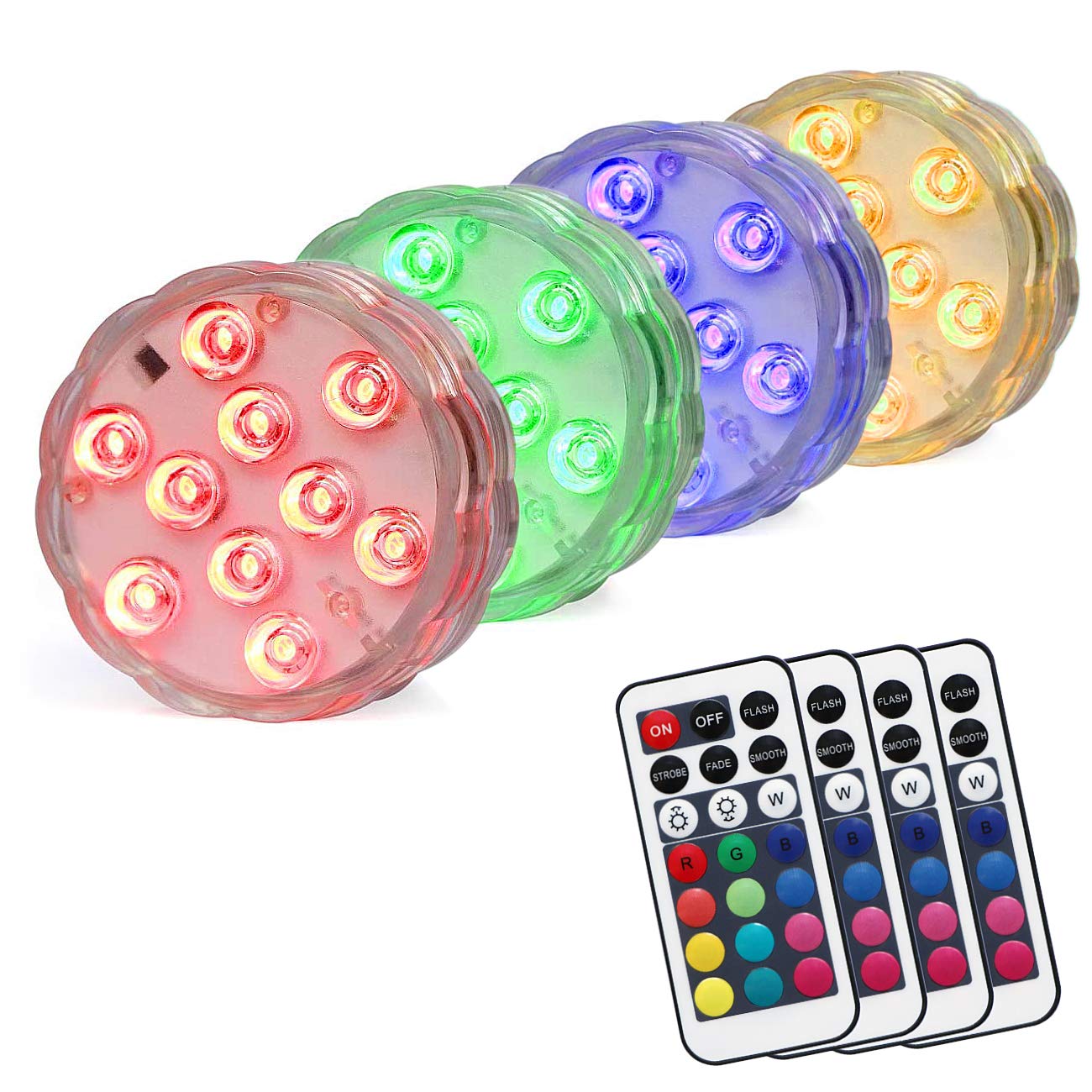 Durwell RGB Color Changing LED Floral Lights - 13 Colors & 4 Modes, Battery Powered Waterproof Submersible LED Lights with Remote Control (4 Pack) - Perfect for Indoor/Outdoor Decor, Pools, Fountains, Weddings & Parties