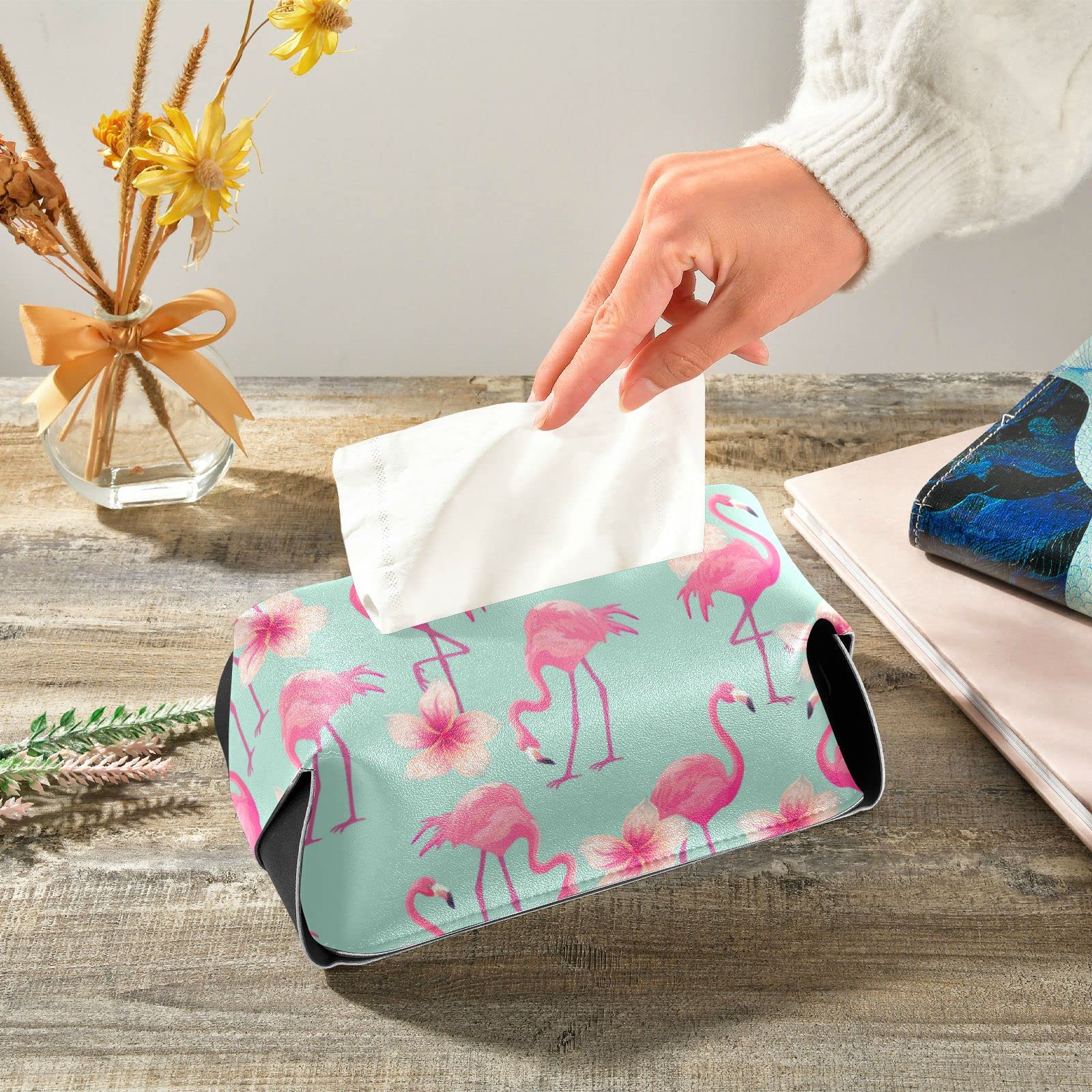 Floral Flamingo PU Leather Tissue Box Cover - Rectangular Decorative Tissue Holder with Handle for Dresser, Bathroom, Living Room & Bedroom Decor | Perfect for Home, Office & Gift Giving