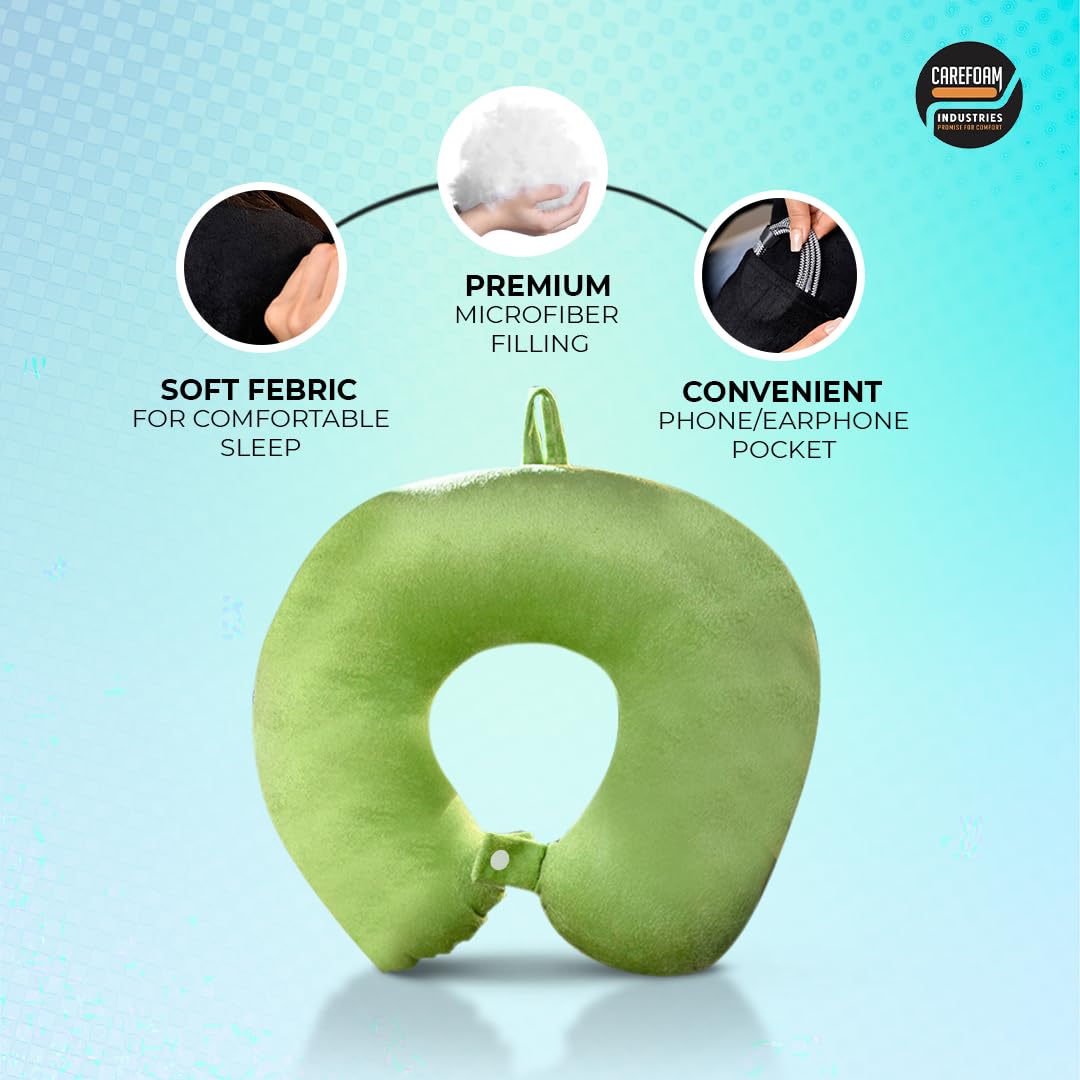 CareFoam Memory Foam Neck Pillow for Travel - Ergonomic Support for Airplane, Car & Train Sleeping - Lightweight Travel Pillow with Premium Velvet Cover for Men & Women (Green) - Perfect for Long Flights, Road Trips & Commuting