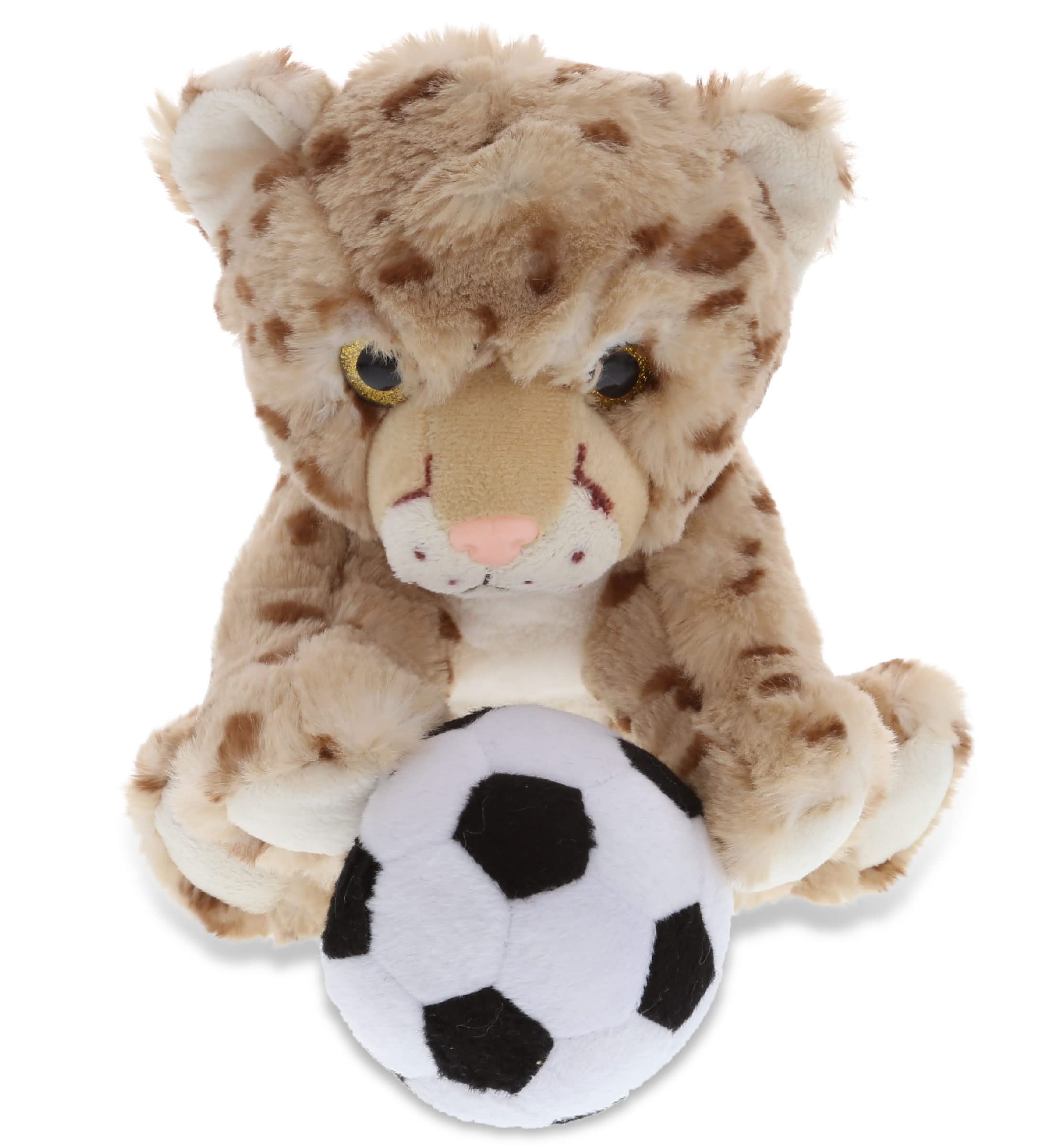 DolliBu Squat Cheetah Plush Toy with Soccer Ball - 8.5 Inch Soft Stuffed Animal for Kids & Adults | Cute Wildlife Gift, Huggable Cheetah Plushie for Playtime, Nursery Decor & Soccer Lovers