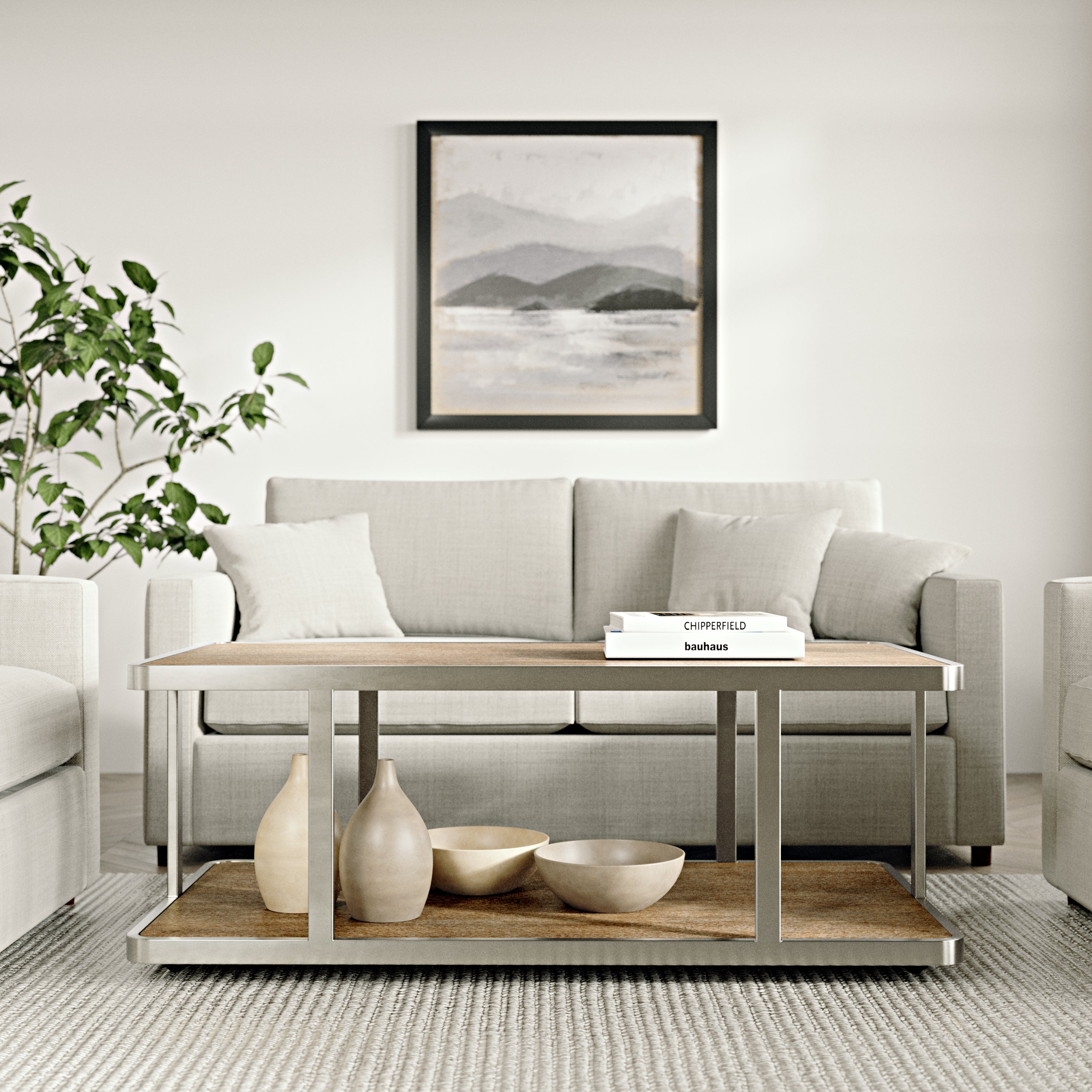 Roundhill Furniture Allan Contemporary Coffee Table - Polished Nickel Finish - Modern Living Room Centerpiece for Home Decor