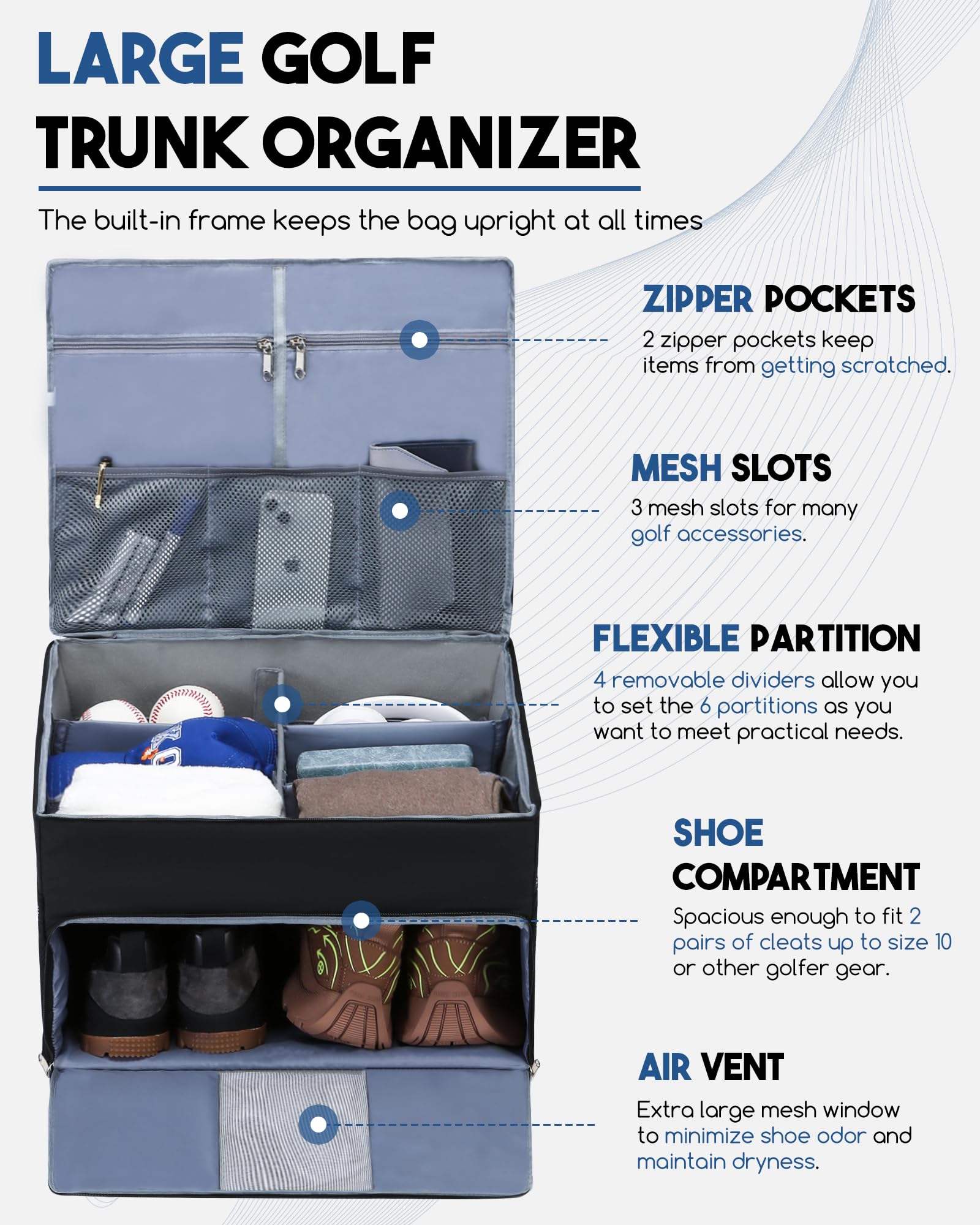 Large Collapsible Water-Resistant Golf Trunk Organizer with 4 Dividers - Storage Box for Golf Shoes, Clothes, Gloves & Hats - Holds 2 Pairs of Shoes - Perfect Golf Accessories for Men & Women Golfers - Ideal for Car, Garage & Golf Course Organization