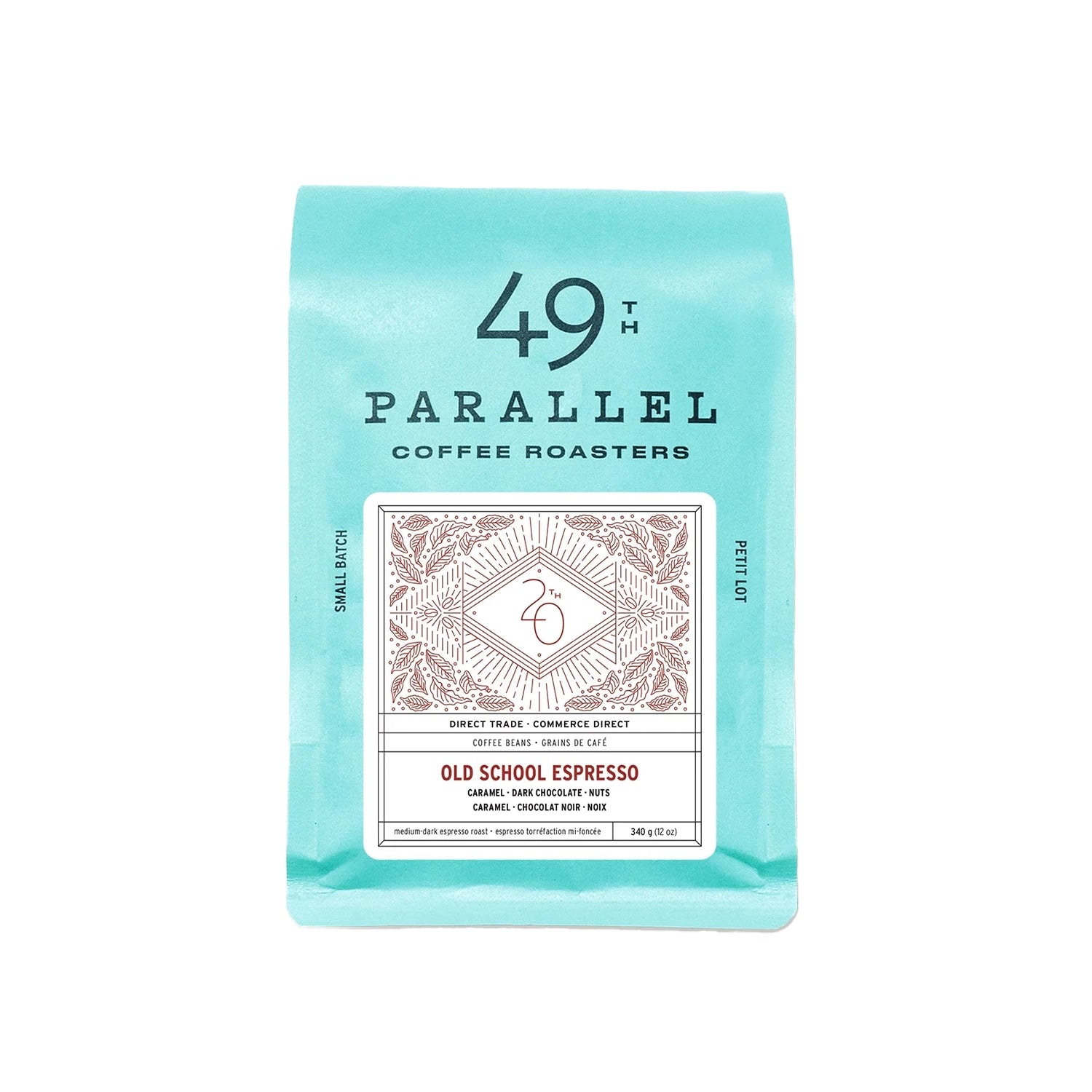 49th Parallel Old School Whole Bean Espresso - Medium Roast Coffee Beans, 340g (12oz) - Rich & Bold Flavor for Espresso Machines & French Press - Perfect for Home Brewing & Coffee Shops