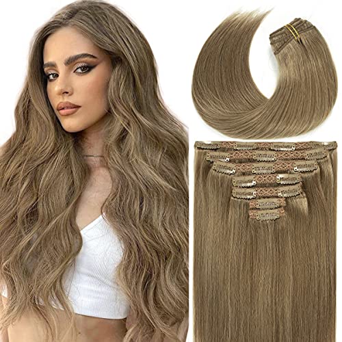Caliee 20inch Clip-in Human Hair Extensions - Ash Brown Straight Real Hair, Invisible Lace, 140g | Perfect for Daily Styling, Parties & Special Occasions