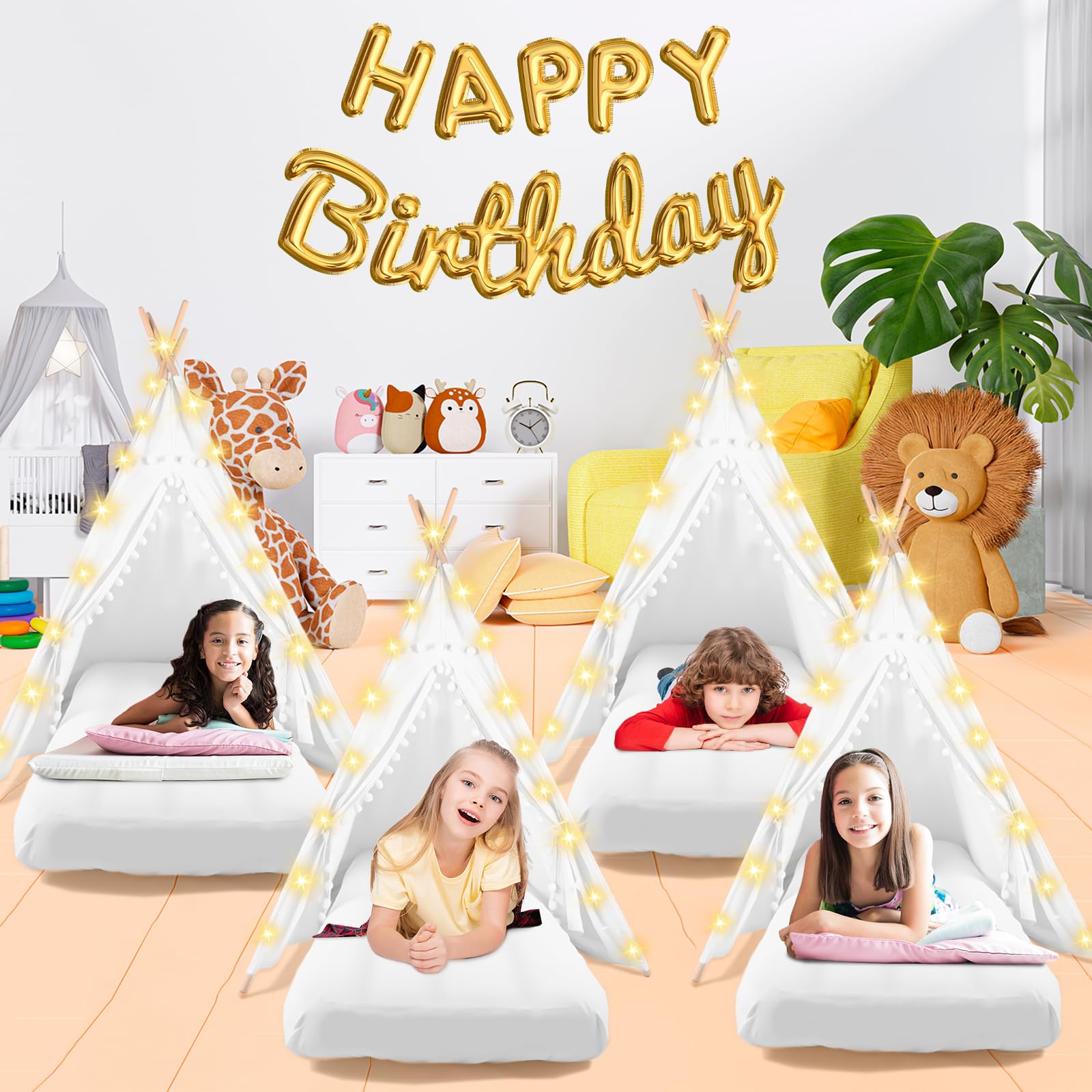 4-Pack Kids Teepee Tents for Sleepovers & Slumber Parties - Includes Inflatable Airbed, Fairy Lights & Washable Cotton Play Tent for Toddlers (White) - Perfect for Indoor Camping, Birthday Parties & Playroom Decor