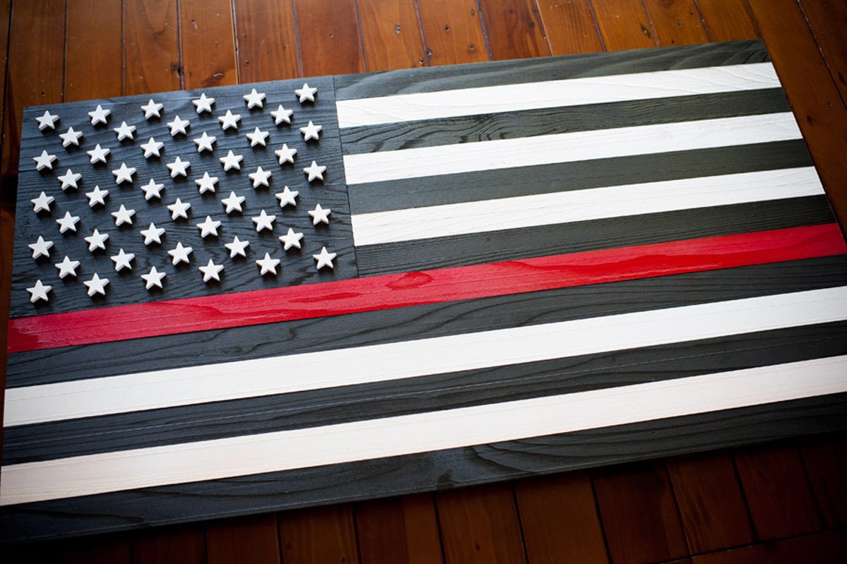 Thin Red Line Wood Flag - Handcrafted Firefighter Wood Flag for Fire Department - Patriotic Red Line American Flag for Wall Decor, Fire Station, Home & Office Display