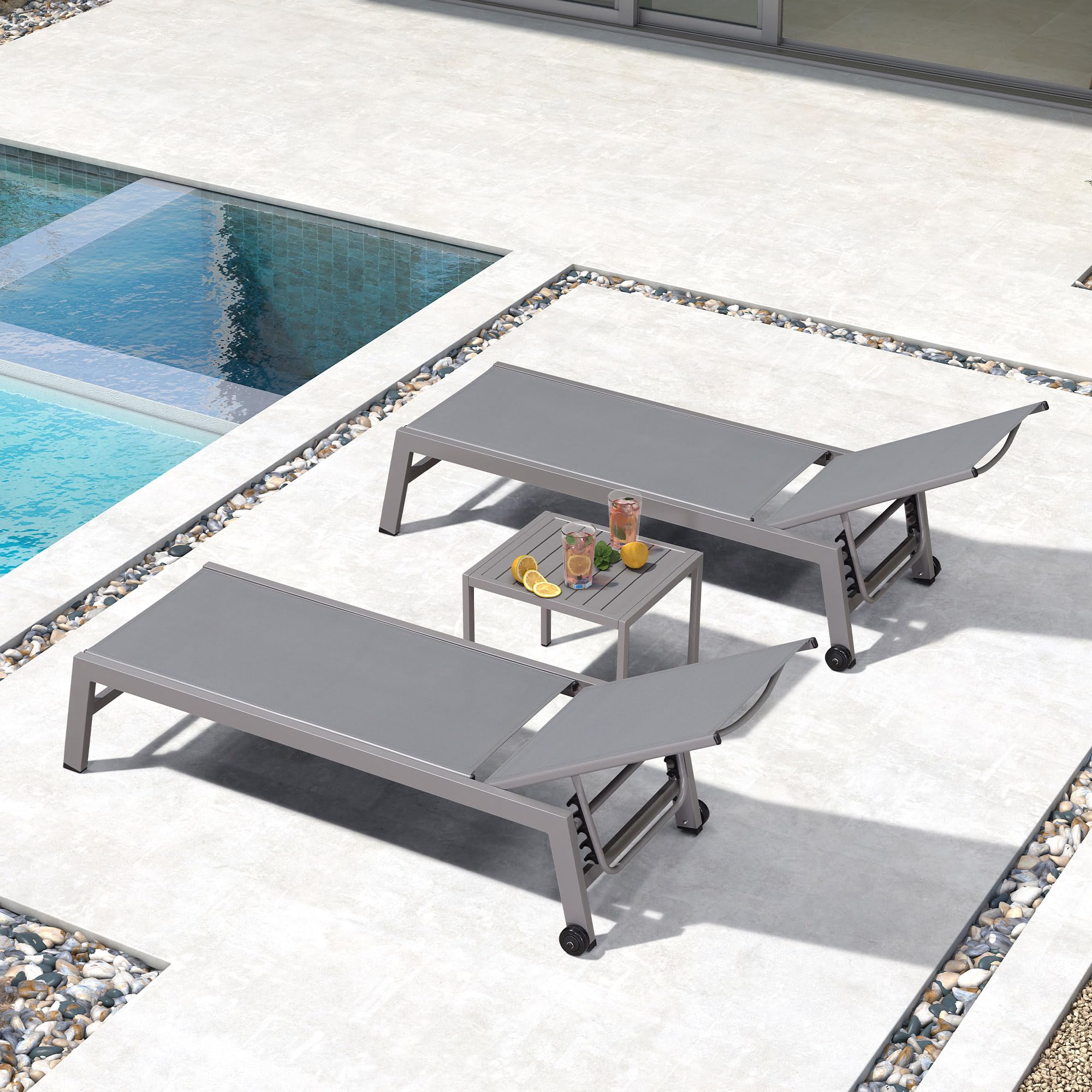 Premium 2-Piece Outdoor Lounge Chair Set with Adjustable Backrest & Wheels - Aluminum Patio Chaise Loungers for Poolside, Beach & Backyard Relaxation (Grey) - Includes Side Table for Ultimate Comfort