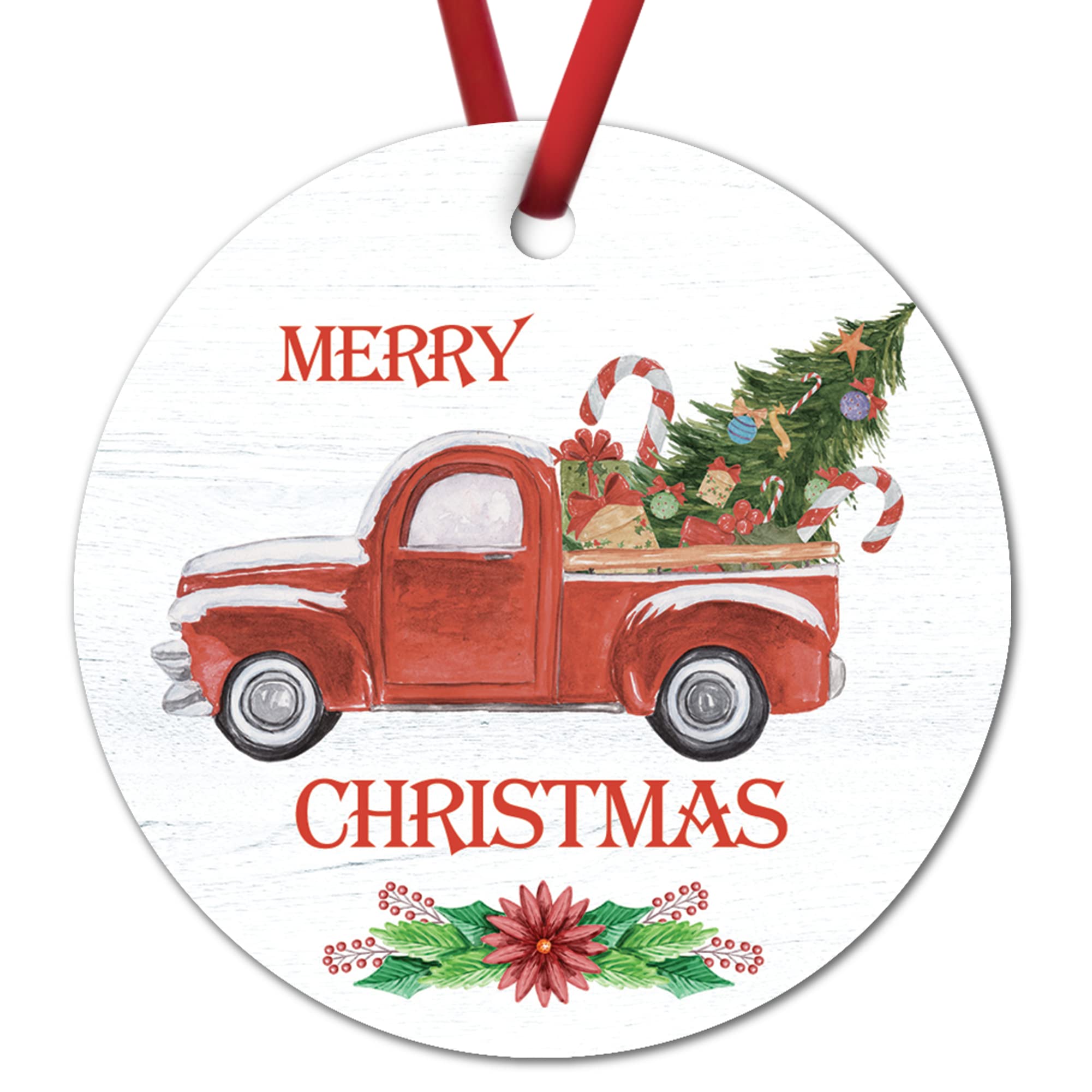 Vintage Red Truck Christmas Ornament with Gifts - Ceramic Xmas Tree Hanging Decoration for Farmhouse Holiday Decor | Merry Christmas 2023 Home & Party Decor