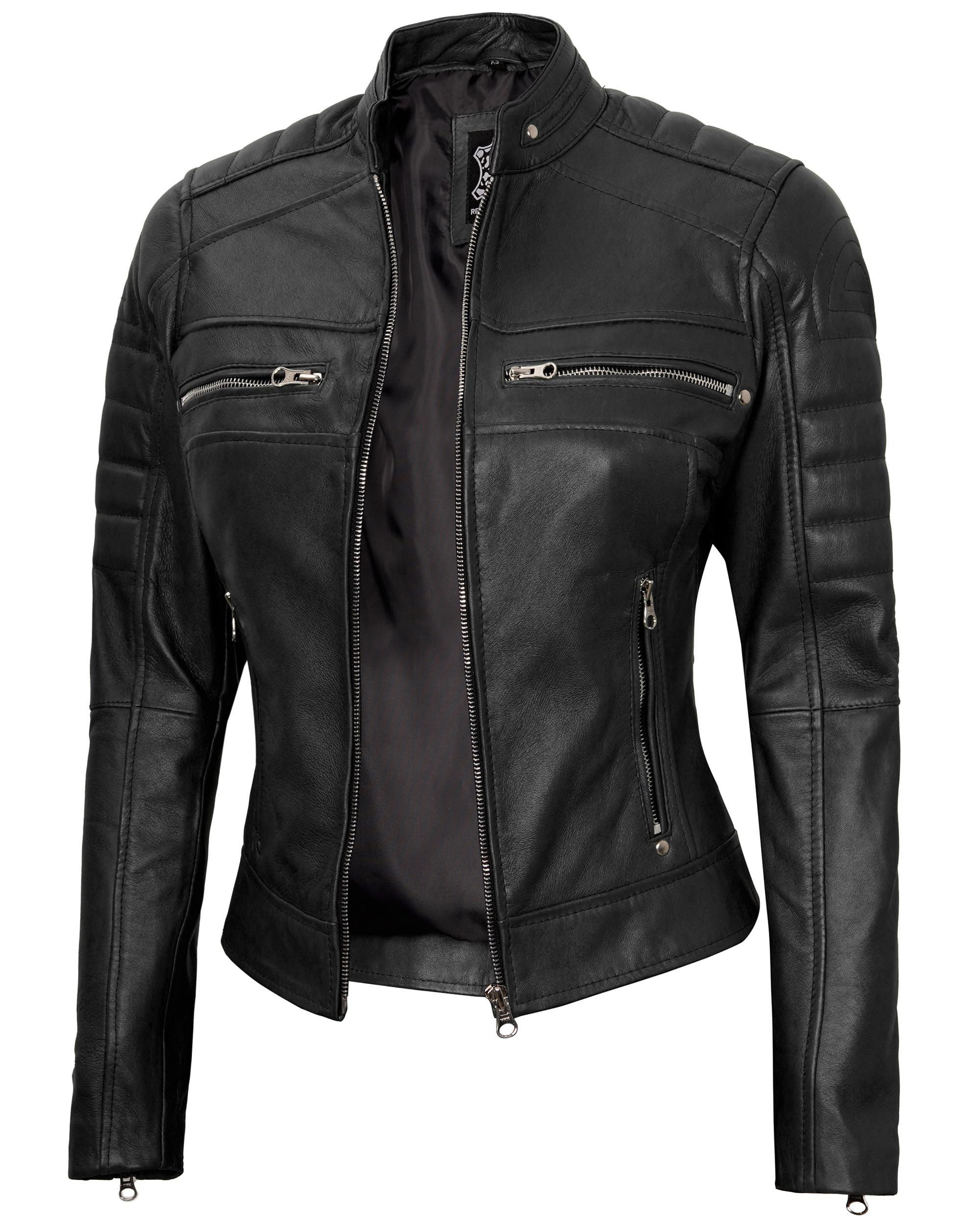 Genuine Leather Motorcycle Jacket for Women - Cafe Racer Style with Stand Collar, Natural Grain, Premium Biker Jacket for Riding & Casual Wear