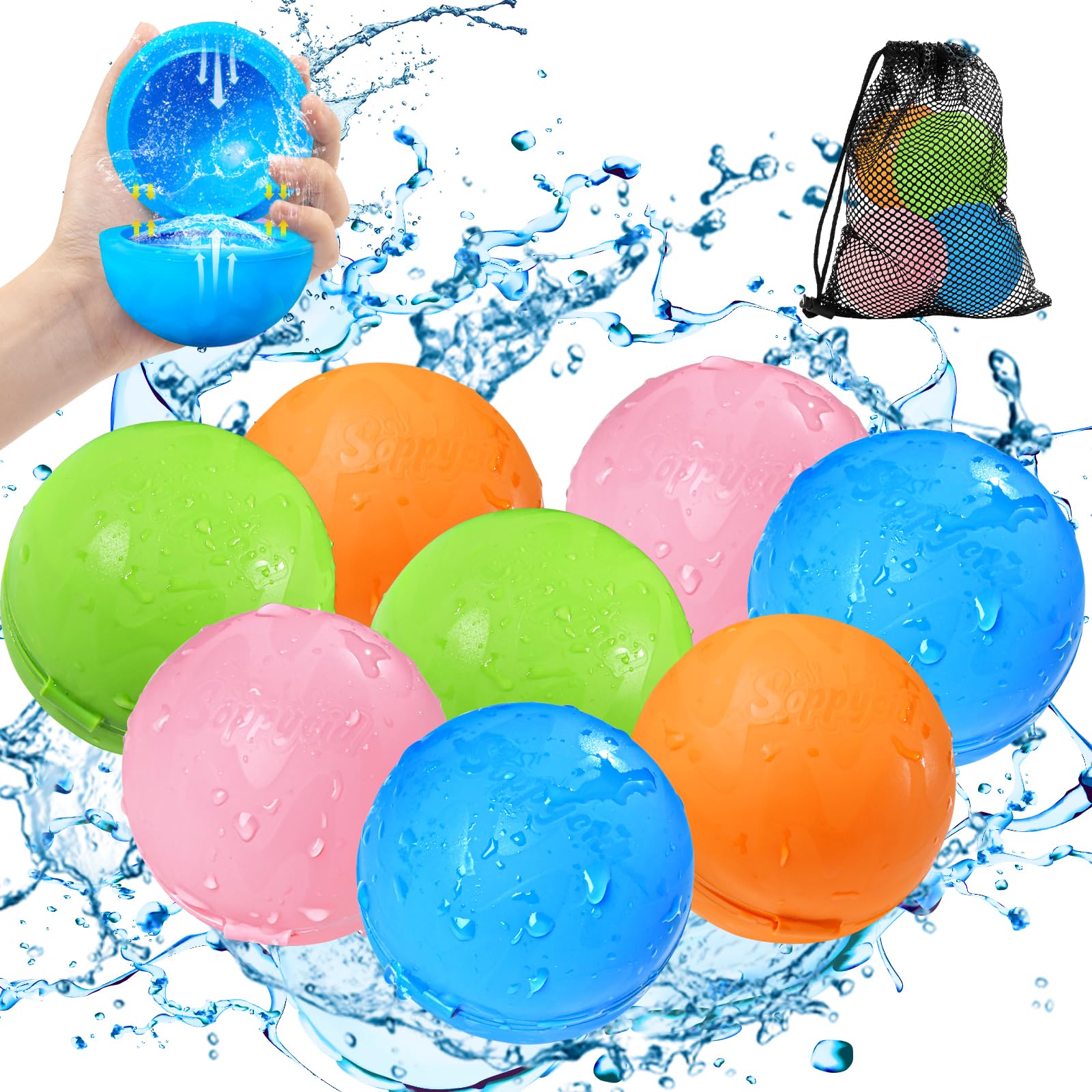 Reusable Water Balloons for Kids & Adults - 8PCS Refillable Water Bomb Splash Balls with Quick Fill & Self-Sealing | Perfect for Pool Parties, Beach Games, Backyard Water Fights & Summer Outdoor Activities