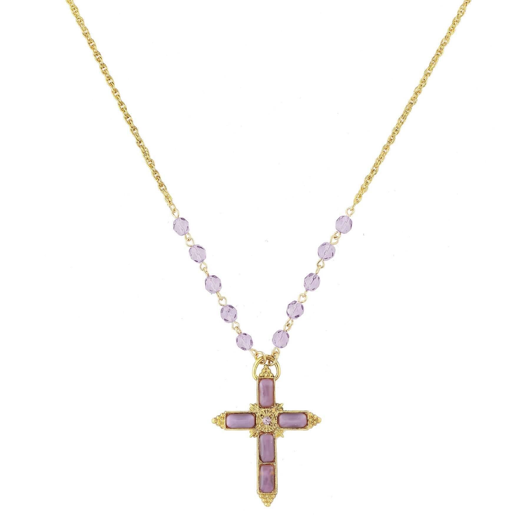 1928 Jewelry Amethyst Moonstone Cross Pendant & Tanzanite Glass Bead Necklace - 28