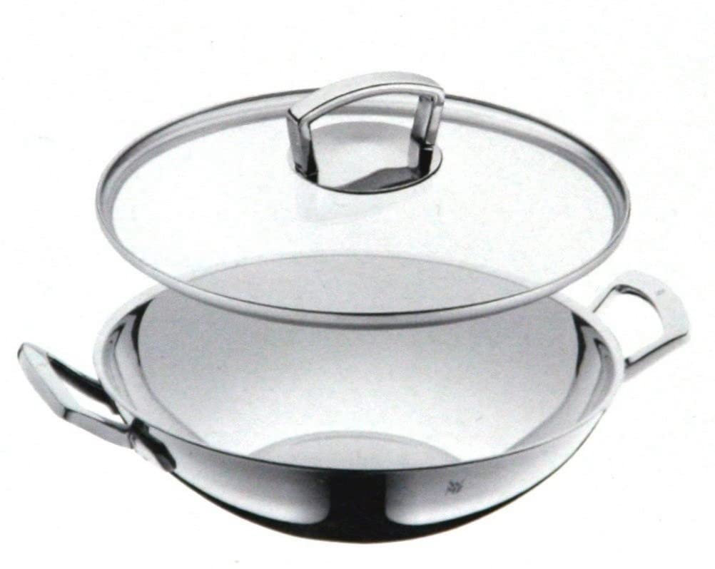 WMF 36cm Uncoated Silver Wok Set with Pouring Rim - 2-Piece Nonstick Stir Fry Pan for Asian Cooking, Home Kitchen & Professional Chef Use