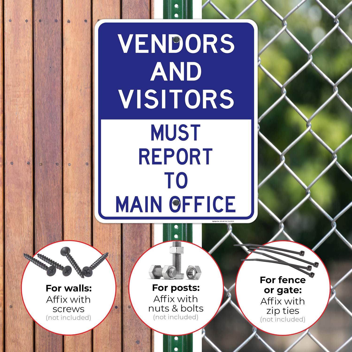 Vendors & Visitors Report to Main Office Sign - 24x30 Inches Rust-Free .063 Aluminum - Fade Resistant Office Sign for Indoor/Outdoor Use - Easy Mounting Business Signage - Made in USA - Perfect for Offices, Warehouses, Schools & Public Buildings