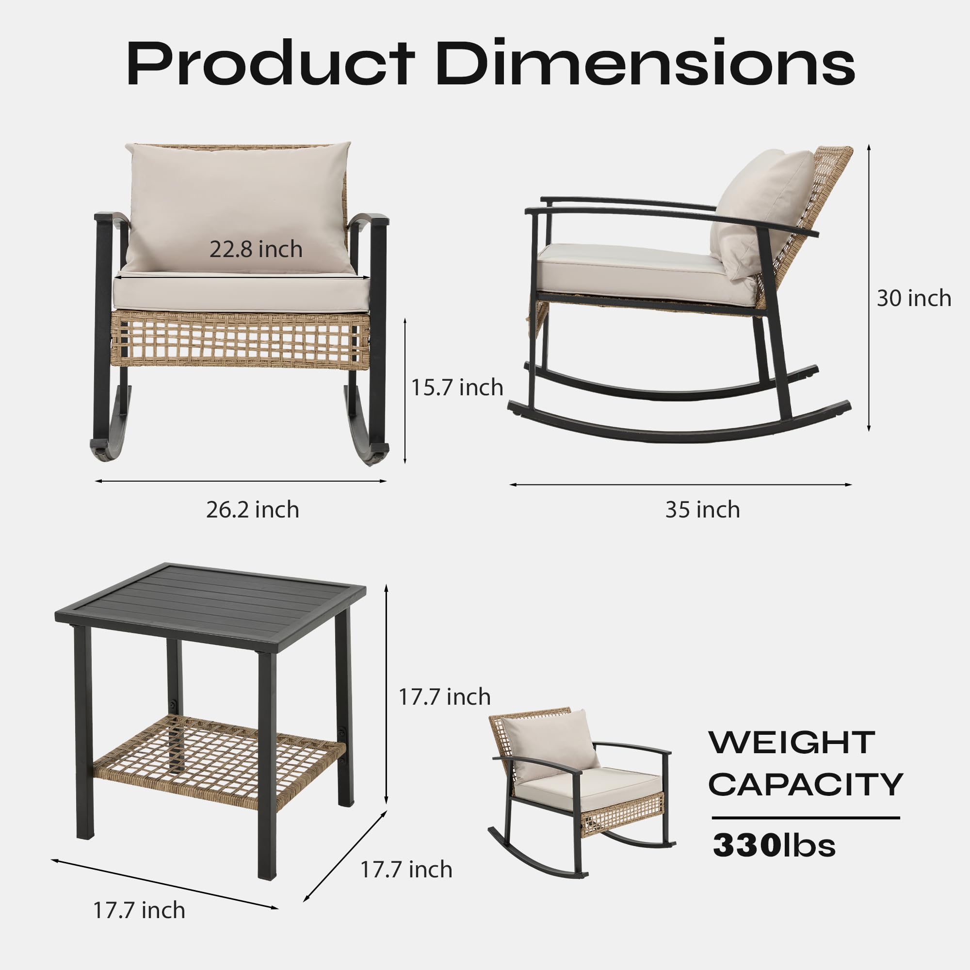 AVAWING 3-Piece Outdoor Rocking Bistro Set - Rattan Patio Chairs with 2-Tier Coffee Table, Modern Oversized Conversation Furniture Set with Thick Cushions & Pillows - Perfect for Balcony, Porch, Garden, Backyard or Poolside (Grey)