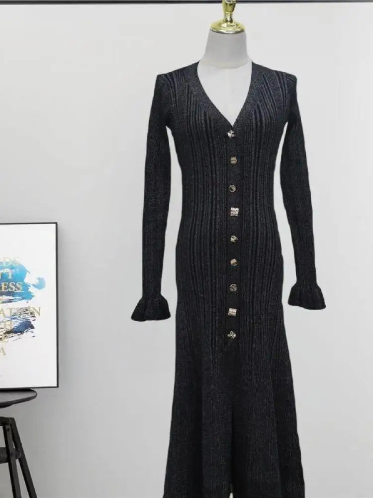 2024 French Elegant Black V-Neck Single Breasted Knitted Dress for Women - Long Sleeve Fishtail Beige Winter Dress | Perfect for Office, Party & Holiday Events