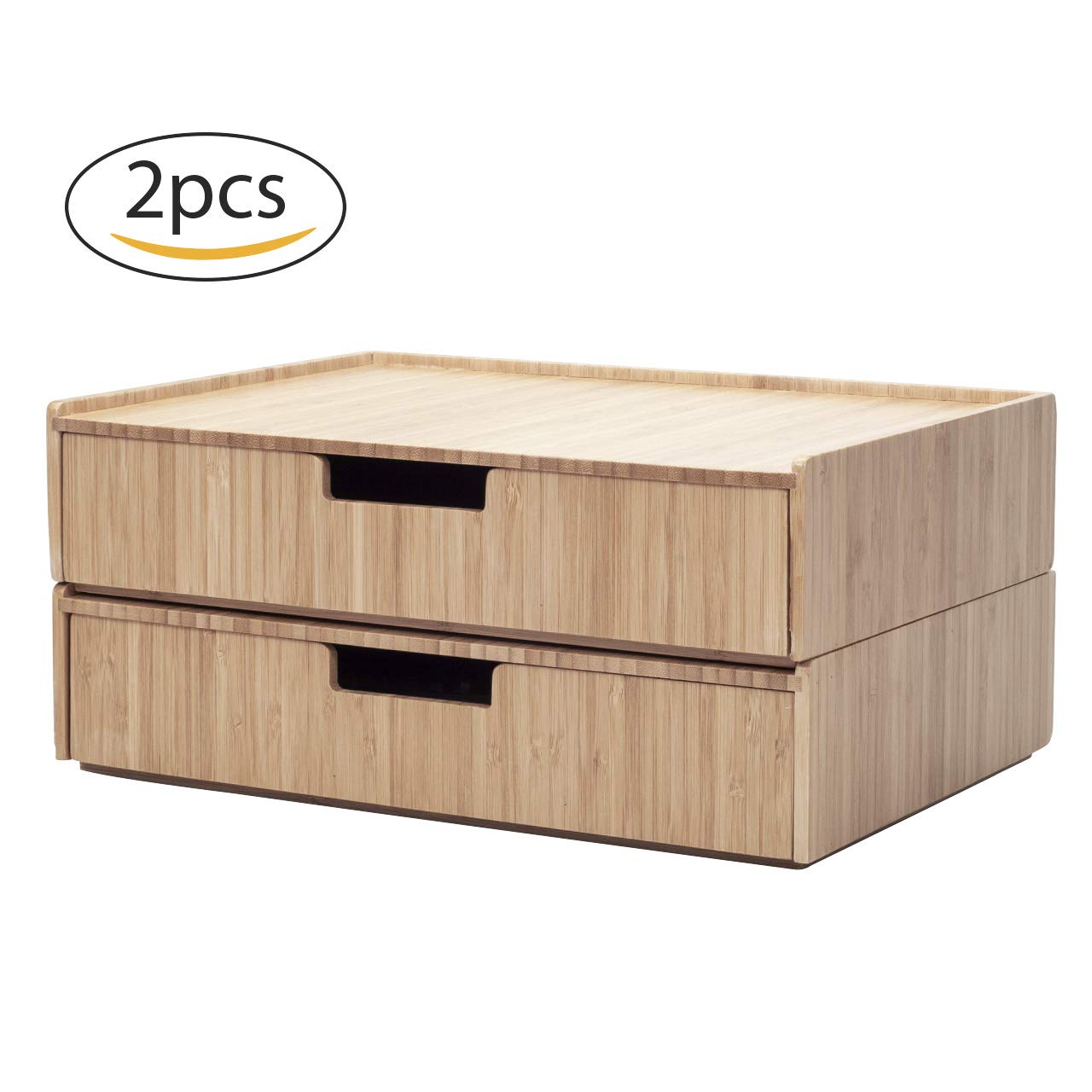 Mobilevision Large Bamboo Drawers (Set of 2) - Eco-Friendly Monitor Stand & Stackable Office Organizer for Pens, Penciles, Scissors, Notepads, Business Cards - Perfect for Home Office & Workspace Organization