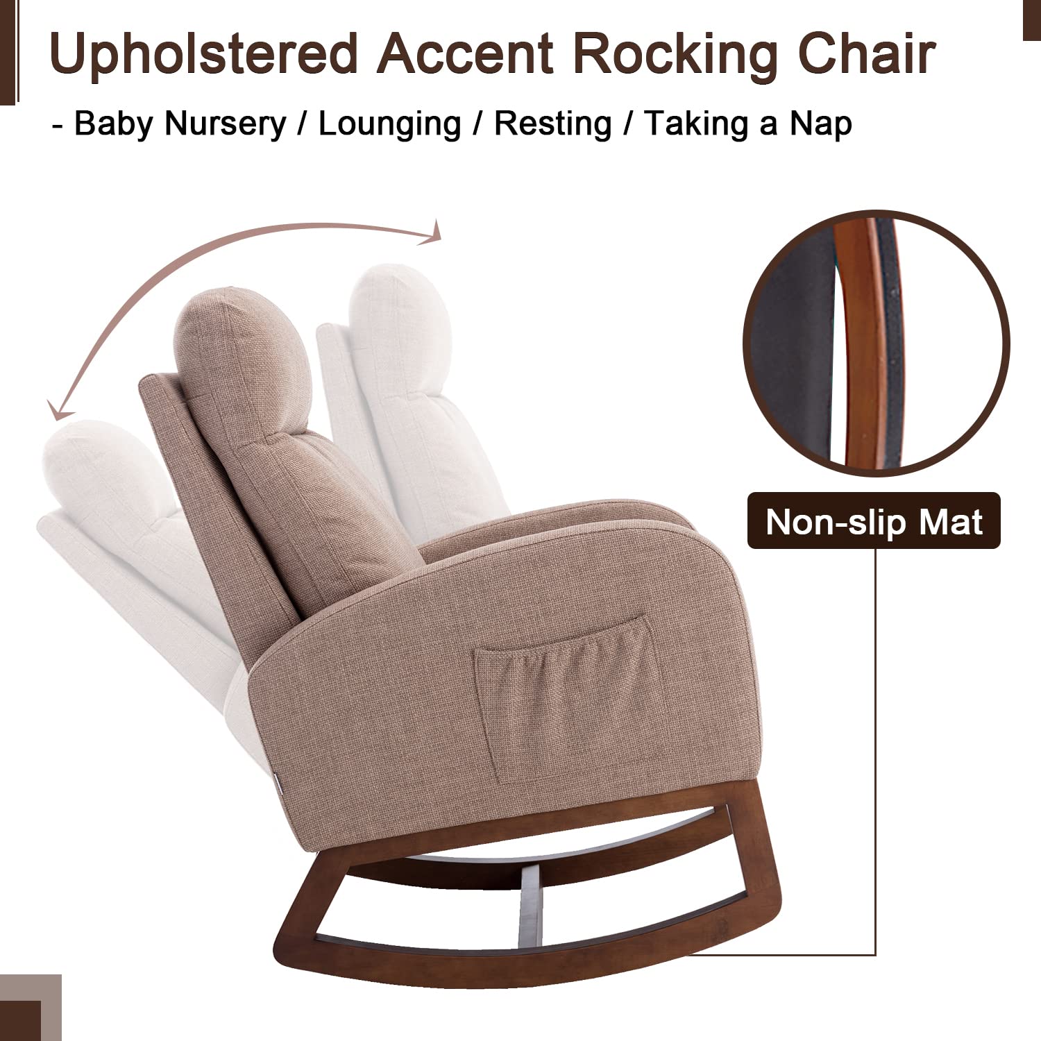 Antetek Modern Upholstered Rocking Chair - Nursery Glider Rocker with Side Pocket, Comfortable High Back Armchair with Headrest for Living Room, Bedroom & Nursery - Perfect for Breastfeeding, Reading & Relaxing (Camel)