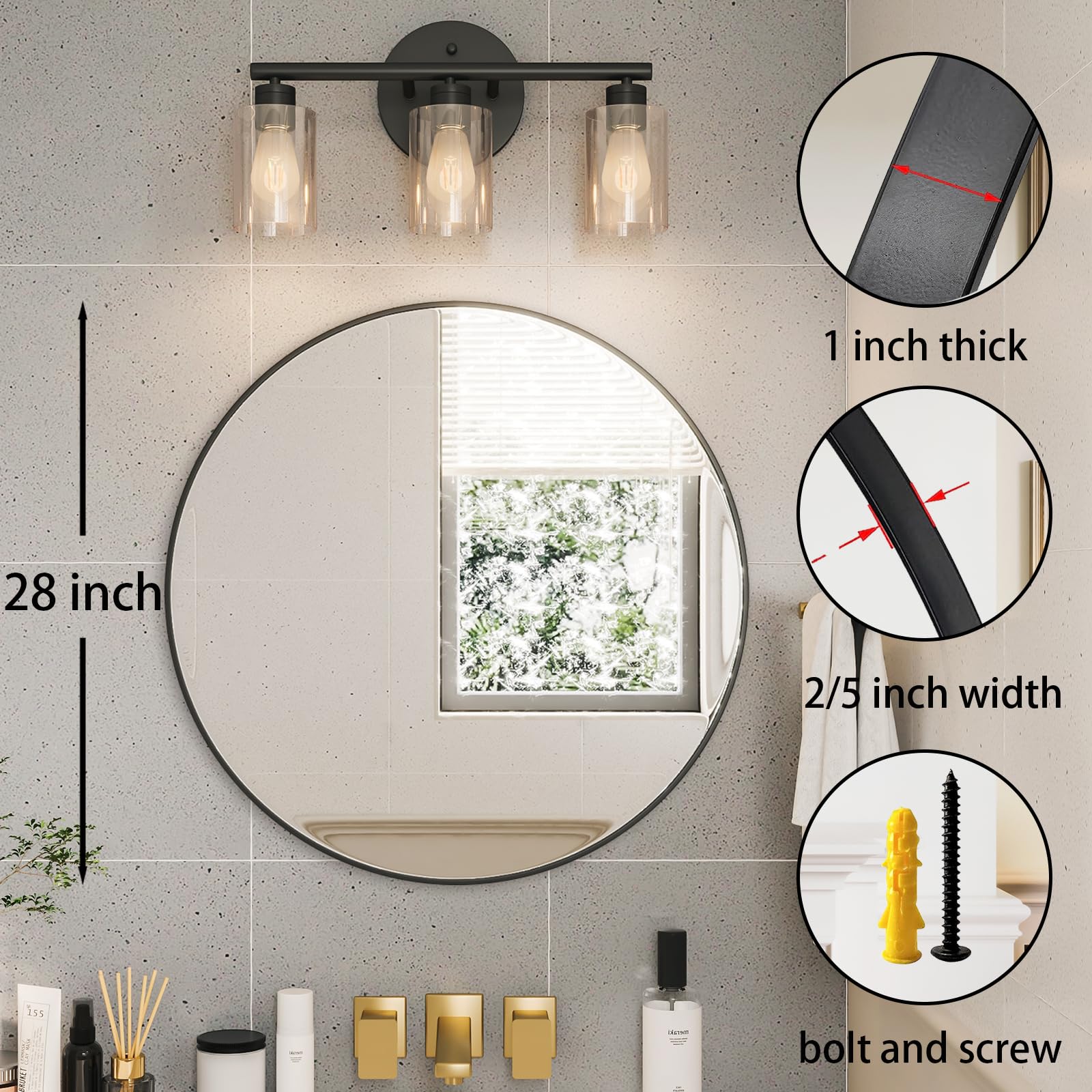 Growsun 28 Inch Black Round Wall Mirror - Modern Circle Bathroom & Living Room Decor - Perfect for Vanity, Entryway, and Bedroom Decorating