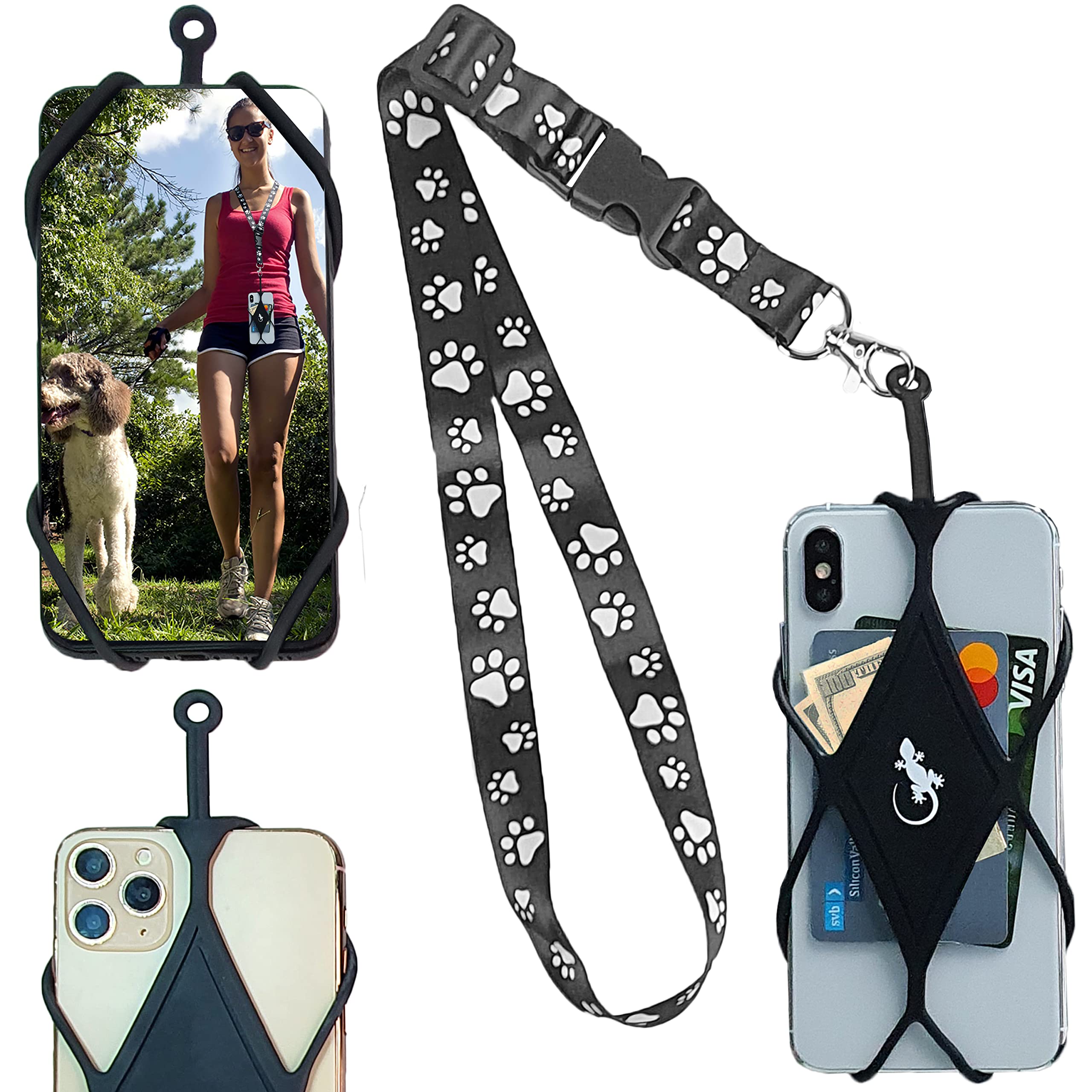Universal Lanyard Phone Holder for Walking - Gecko Travel Tech Cell Phone Case Compatible with Most Smartphones (Dog PAW Neck - Black Diamond) - Perfect for Hiking, Running, Travel & Hands-Free Convenience