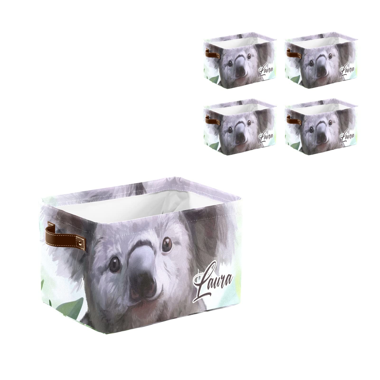Personalized Watercolor Koala Baby Storage Baskets - Custom Name Text Fabric Bins with Handles, 4-Pack for Nursery Organization, Pet Toy Storage & Home Decor