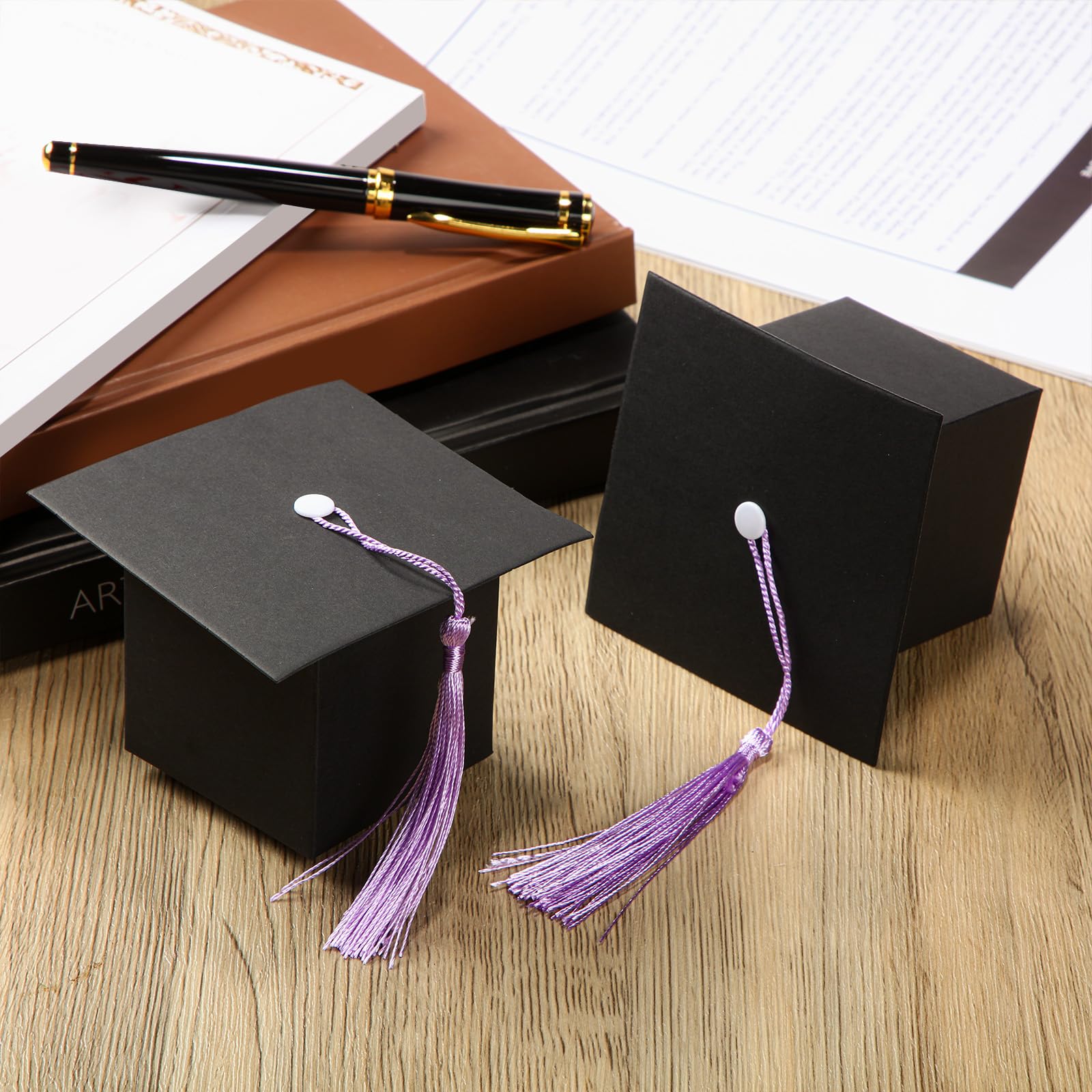 Bememo 100-Pack Purple Graduation Candy Boxes with Tassel - Class of 2025 Graduation Party Favors, Cap Gift Boxes & Centerpieces for Graduation Ceremony, School Events & College Celebrations