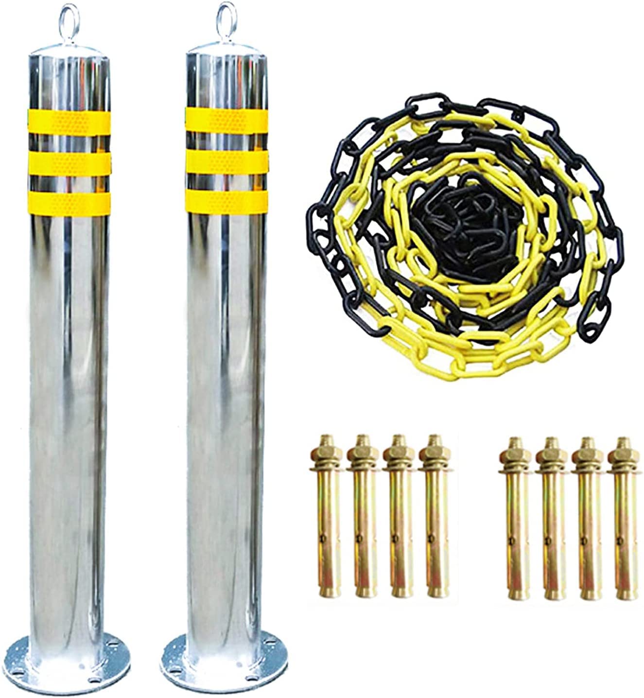 Heavy Duty Post and Chain Link Barriers - 2 Pack Parking Safety Barriers with Reflective Road Markers for Garage, Private Parking & Street Use (800x89mm/650x89mm/650x76mm) - Ideal for Traffic Control, Property Protection & Parking Lot Safety