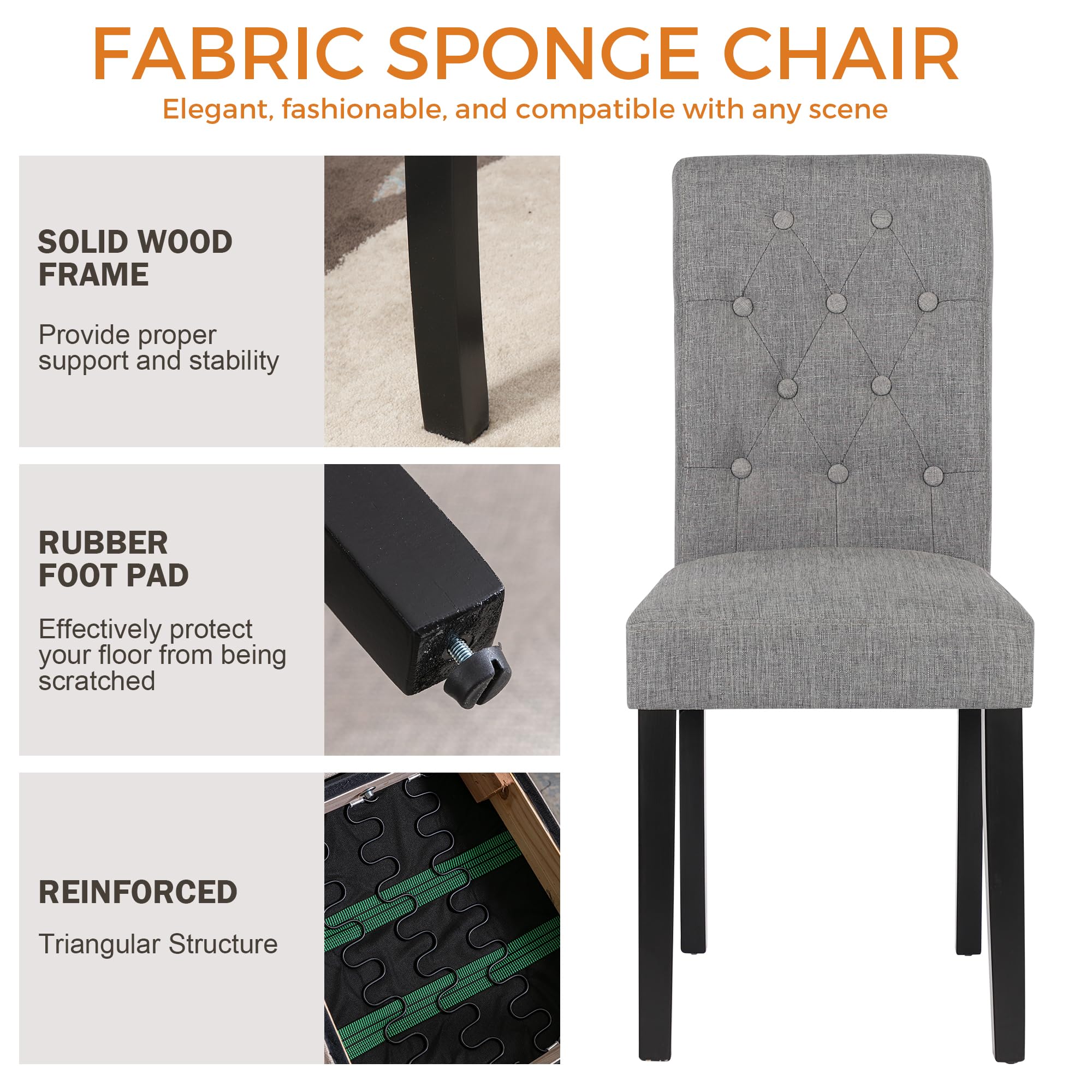 2 Pack Gray Upholstered Fabric Dining Chairs with Button-Tufted Back - Modern Living Room & Kitchen Chairs for Home, Restaurant, or Office Use