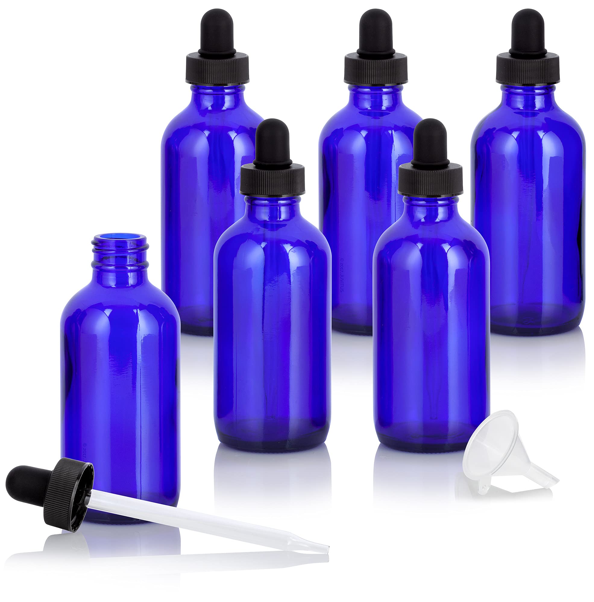 JUVITUS 4 oz (120 ml) Cobalt Blue Glass Boston Round Bottles with Black Dropper Caps - 6 Pack with Free Funnel - Essential Oil, DIY Beauty & Herbal Tincture Storage Solution