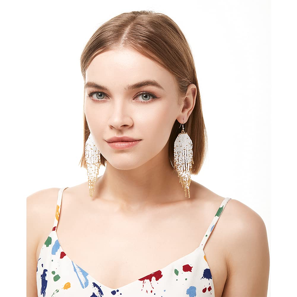 Long Beaded Tassel Earrings for Women - Large Bohemian Statement Dangle Earrings, Handmade Boho Beaded Jewelry | Perfect for Festivals, Parties & Boho Fashion