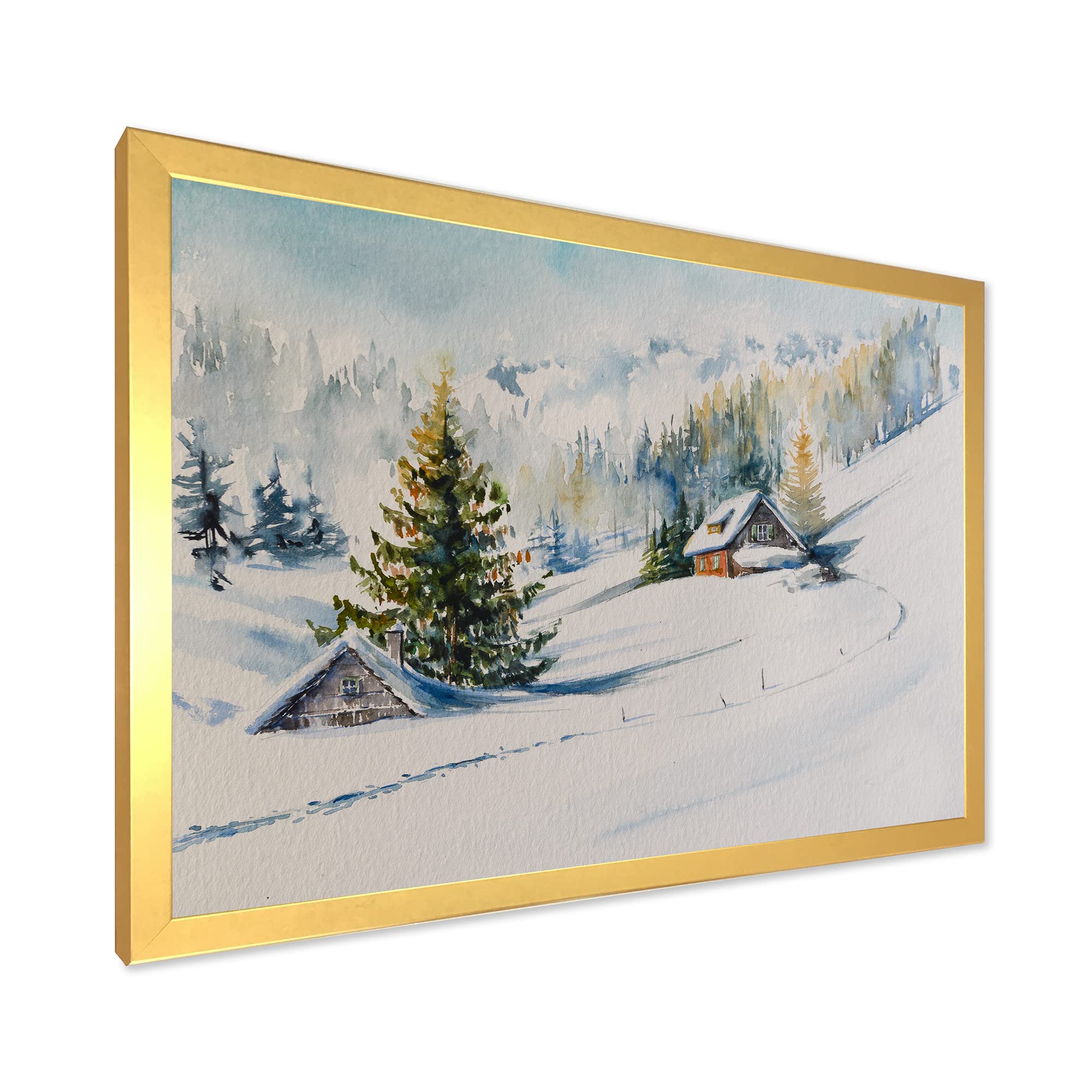 DesignQ Little House in the Winter Mountains Framed Wall Art - Traditional Landscape Painting for Living Room, Bedroom & Office Decor