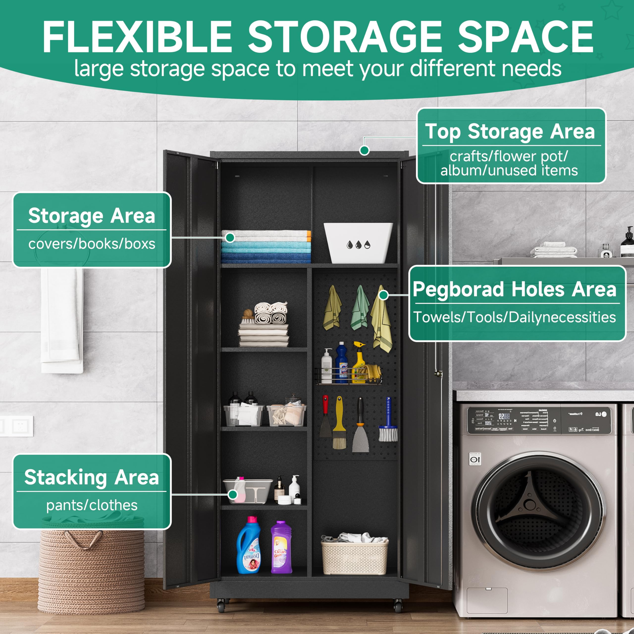 Heavy-Duty Metal Garage Storage Cabinet with Wheels - Rolling Tool Storage Cabinet with Lock & Adjustable Shelves - Steel Locking Cabinet for Office, Home, Garage & Workshop (Black) | Perfect for Organizing Tools, Equipment & Supplies in Any Workspace