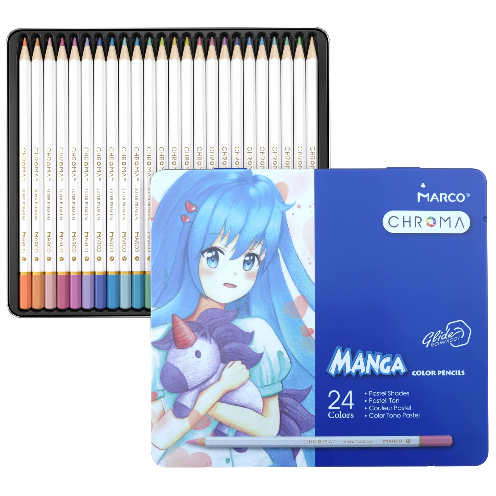 Marco Chroma Manga 24-Count Pastel Colored Pencils Set in Metal Tin - 2B Hardness Professional Art Supplies for Kids, Adults & Artists - Perfect for Sketching, Drawing, Manga Art & Coloring Books