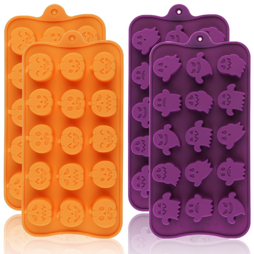 Halloween Candy Silicone Molds 4 Pack - Pumpkin Ghost Chocolate Cookie Jelly Gummy Baking Molds for DIY Treats, Party Favors & Holiday Desserts