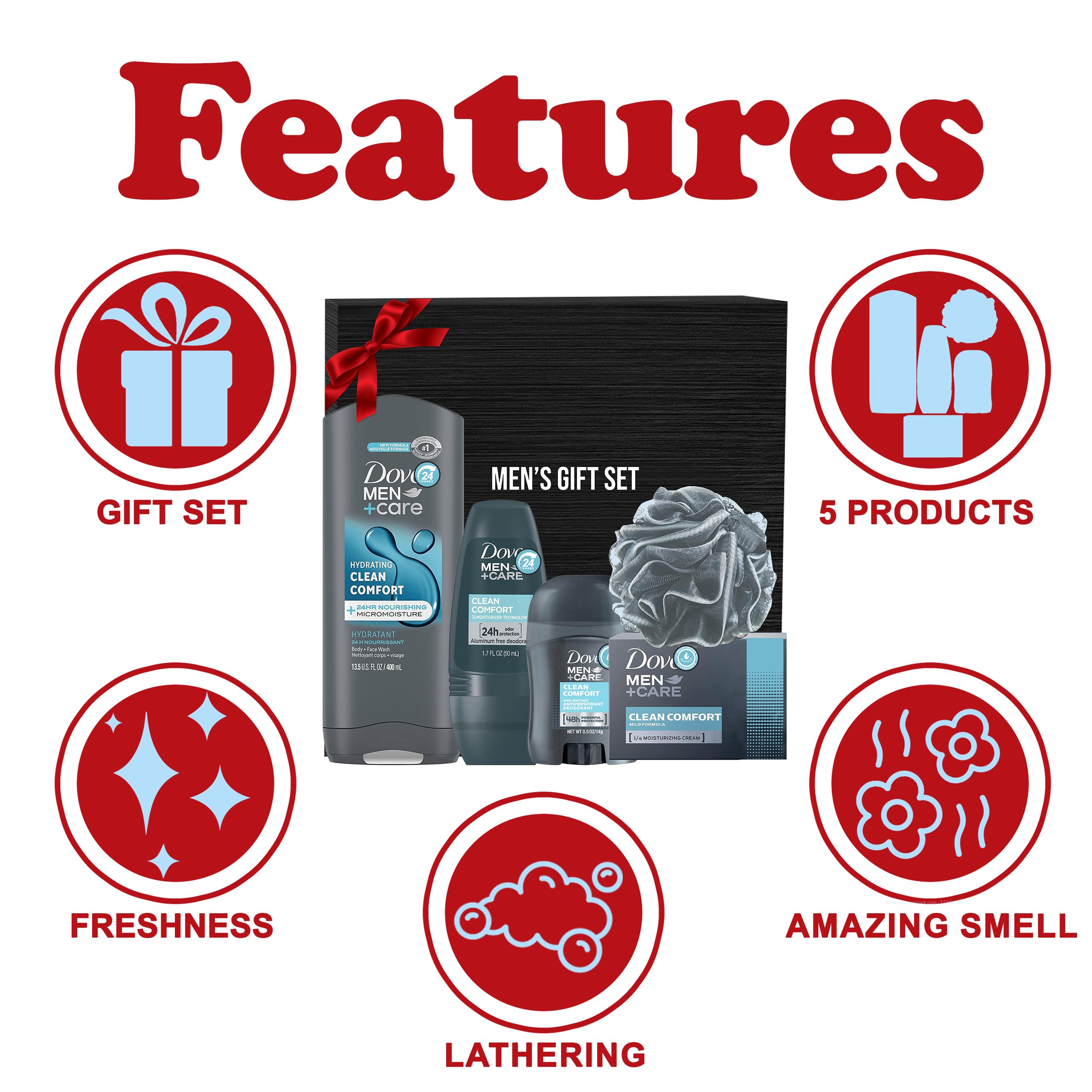Men's Valentine's Day Gift Set - 5 Piece Body Care Kit with Clean Comfort Body Wash, Deodorant Stick & Roll-On, Bar Soap & Shower Pouf - Perfect for Romantic Gifts, Anniversary Presents & Self-Care Routines