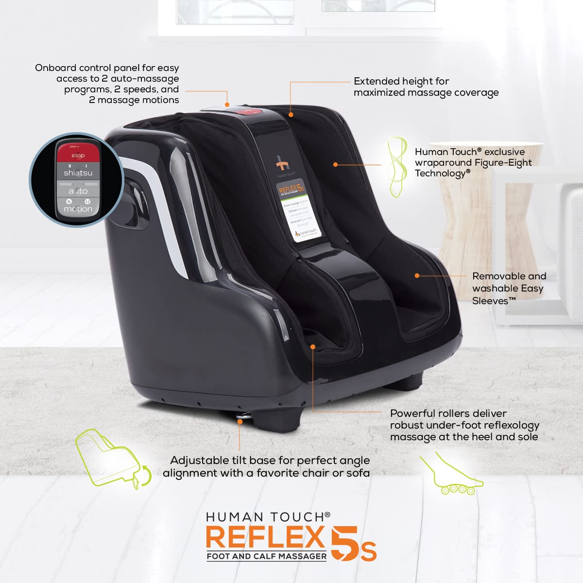 Human Touch Reflex5s Foot and Calf Massager - Kneading & Compression Therapy for Plantar Fasciitis, Stress Relief, and Improved Circulation - Adjustable Fit for Men & Women (Size 12) - 1 Year Warranty - Perfect for Home Relaxation, Office Stress Relief, and Post-Workout Recovery