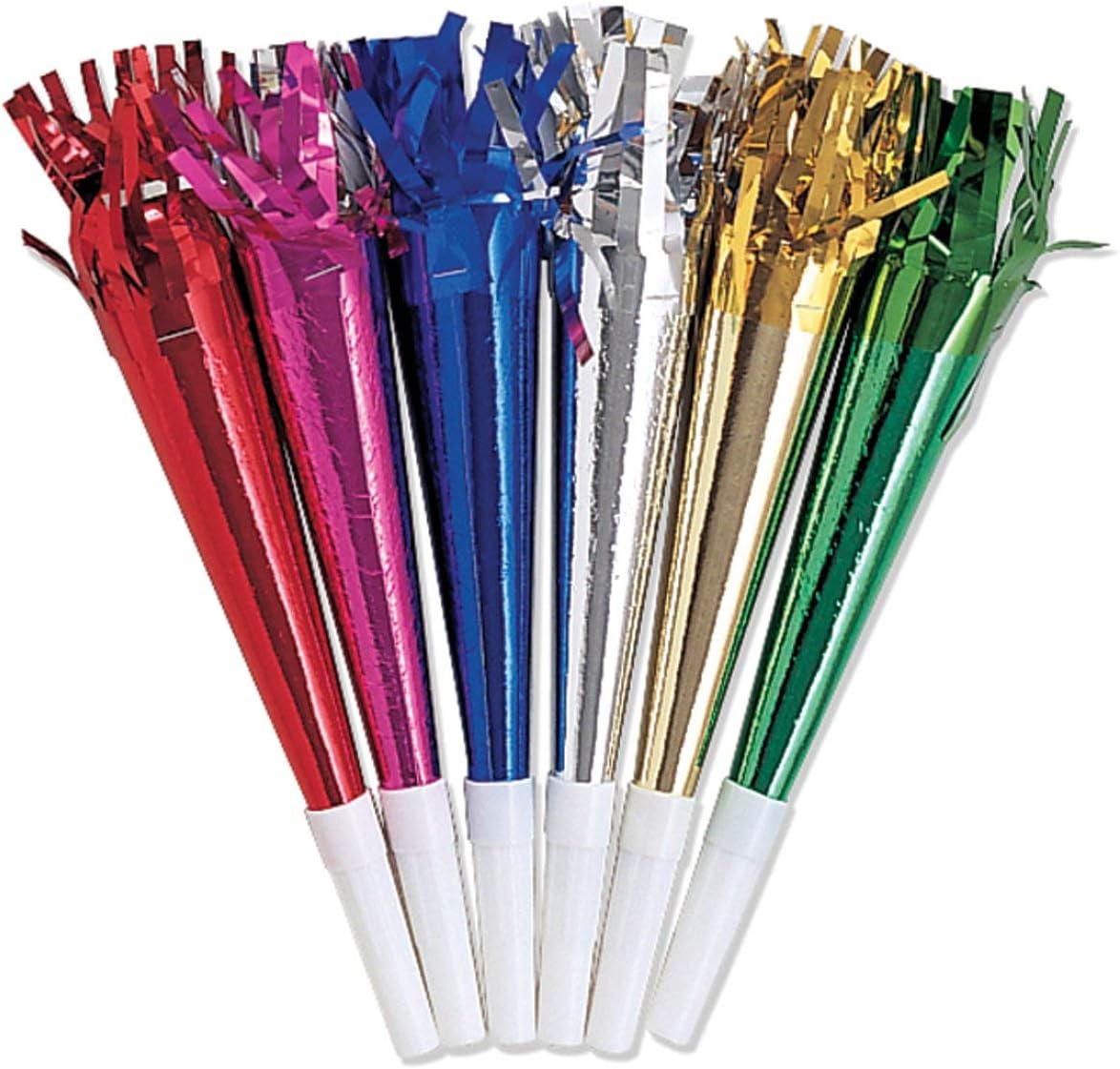 Vibrant Party Foil Horns with Fringe - Pack of 8 Colorful Noise Makers for Birthday Celebrations, New Year's Eve & Festive Events
