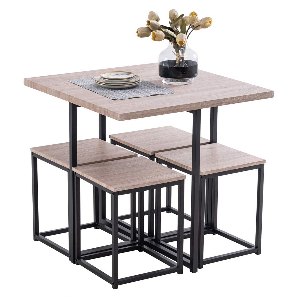 5-Piece Dark Oak Dining Table Set with 4 Stools - PVC Kitchen Table & Chairs for Small Spaces, Breakfast Nook, or Apartment Dining Room