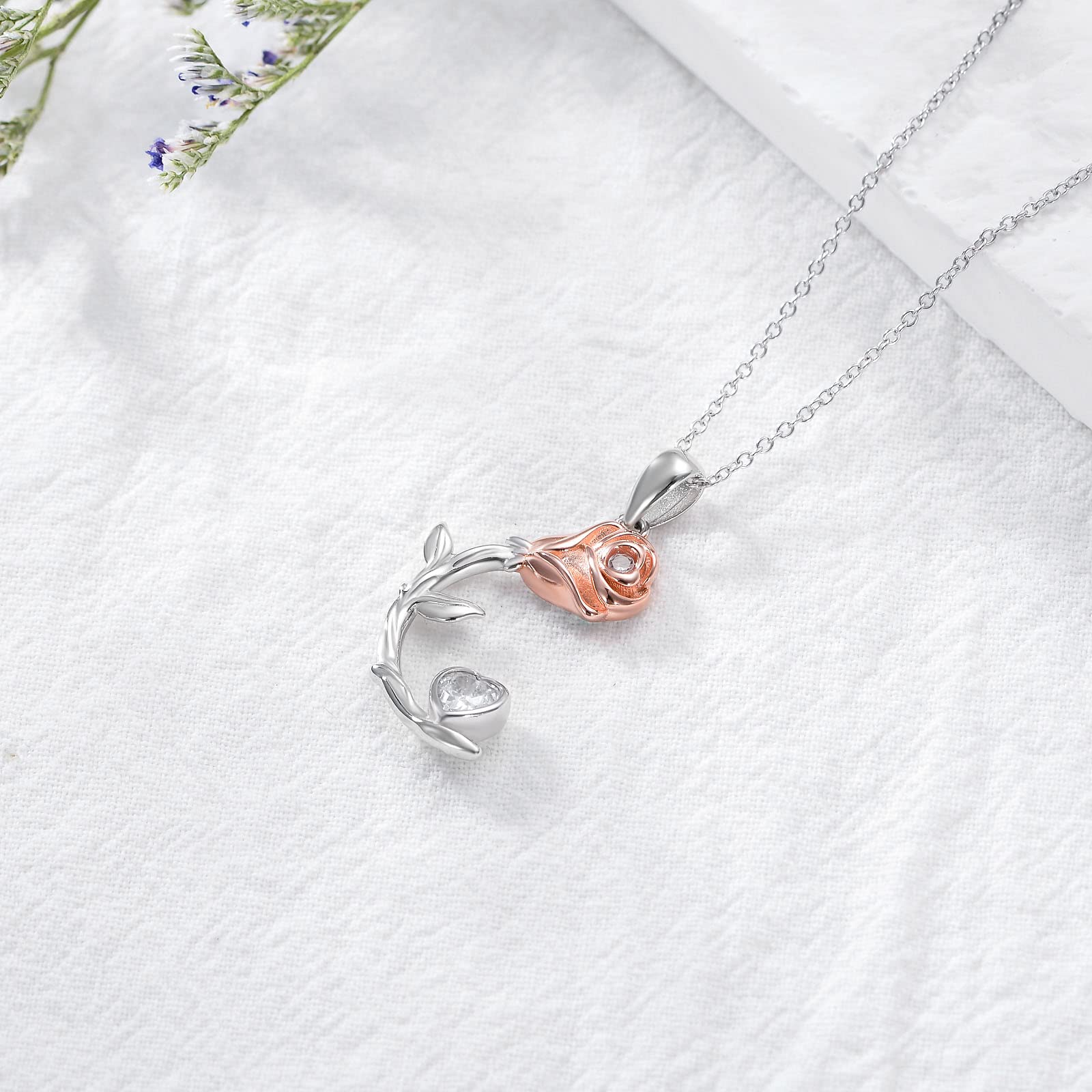 OCJ Rose Moon Necklace - 925 Sterling Silver Rose Pendant with Heart Birthstone, Elegant Jewelry for Women - Perfect Birthday & Christmas Gift for Her, Wife, Girlfriend - Ideal for Date Nights, Anniversaries & Special Occasions