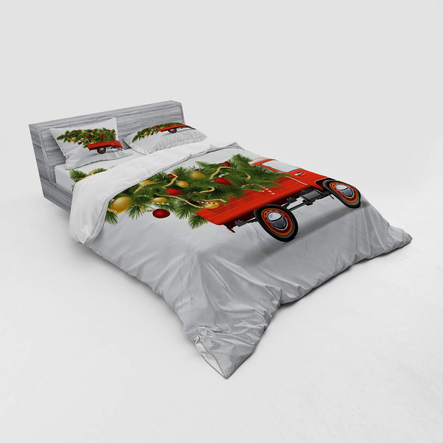 Ambesonne Christmas Bedding Set 4-Piece Queen Size - Red Retro Farm Truck & Festive Tree Design with Tinsel Balls, Duvet Cover + Shams + Fitted Sheet in White Red Green | Holiday Home Decor for Bedroom, Guest Room & Cozy Winter Nights
