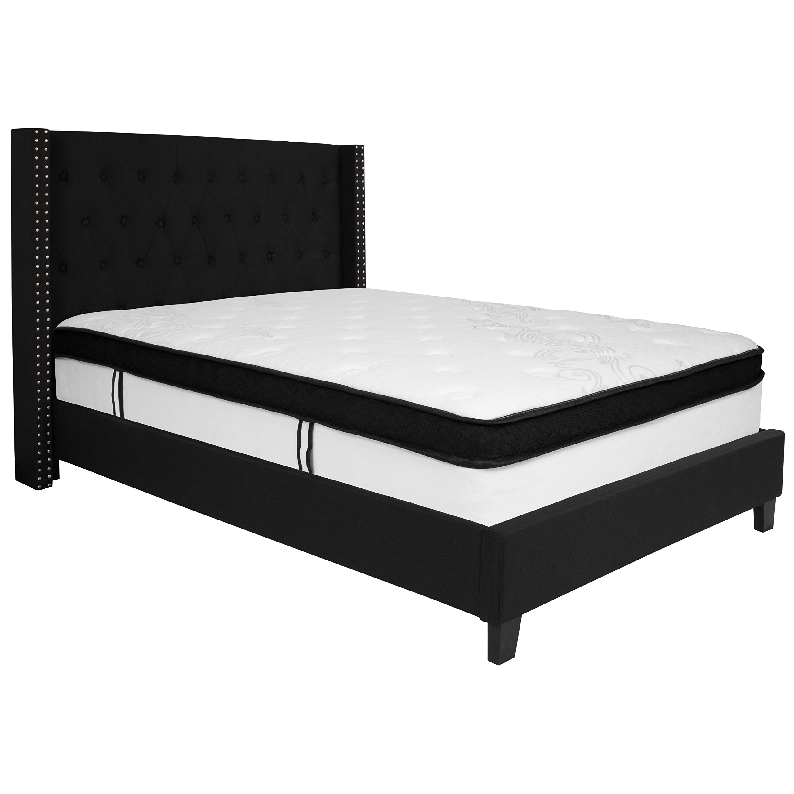 Full Accent Extended Panel Platform Bed Frame with Memory Foam Mattress - Black Fabric Upholstery | Modern Bedroom Furniture for Small Spaces & Guest Rooms