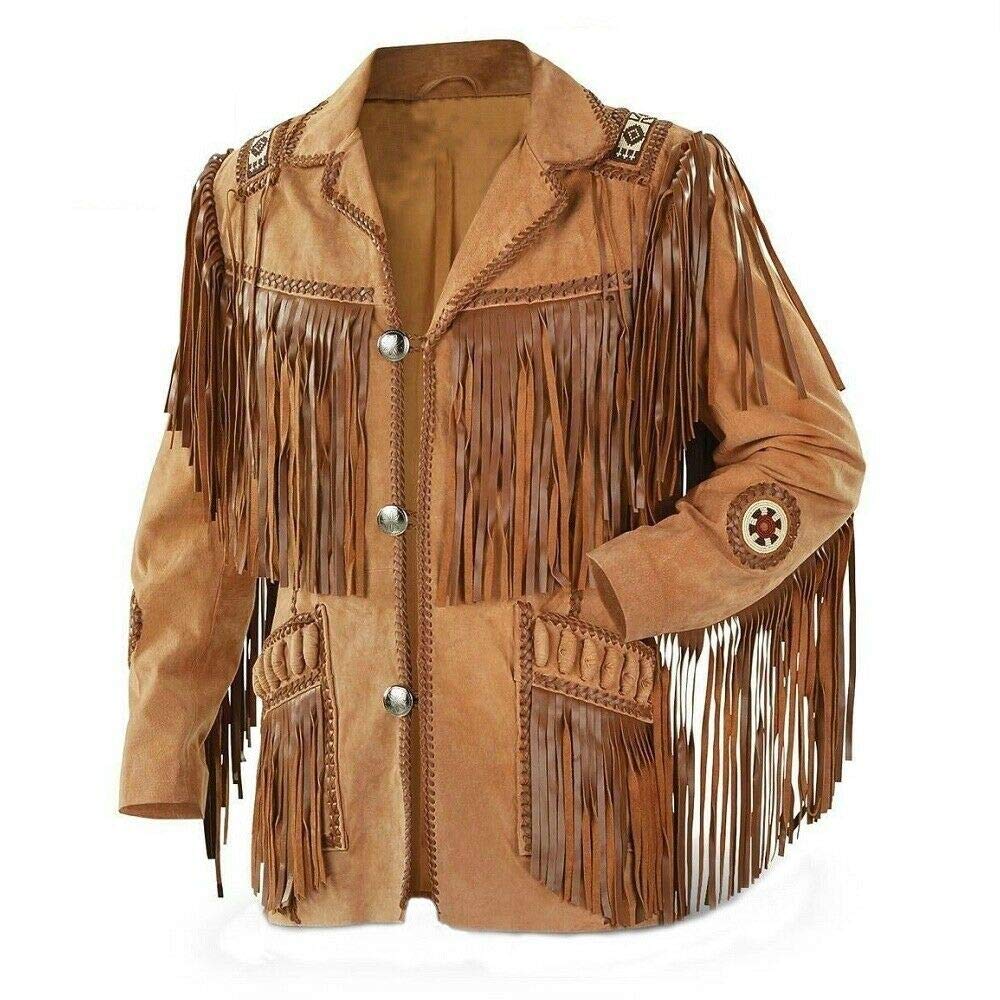 Men's Western Fringe Suede Leather Jacket - Authentic Brown Cowboy Jacket for Plus Size (Large) - Perfect for Rodeo, Country Music Festivals & Vintage Fashion Outfits