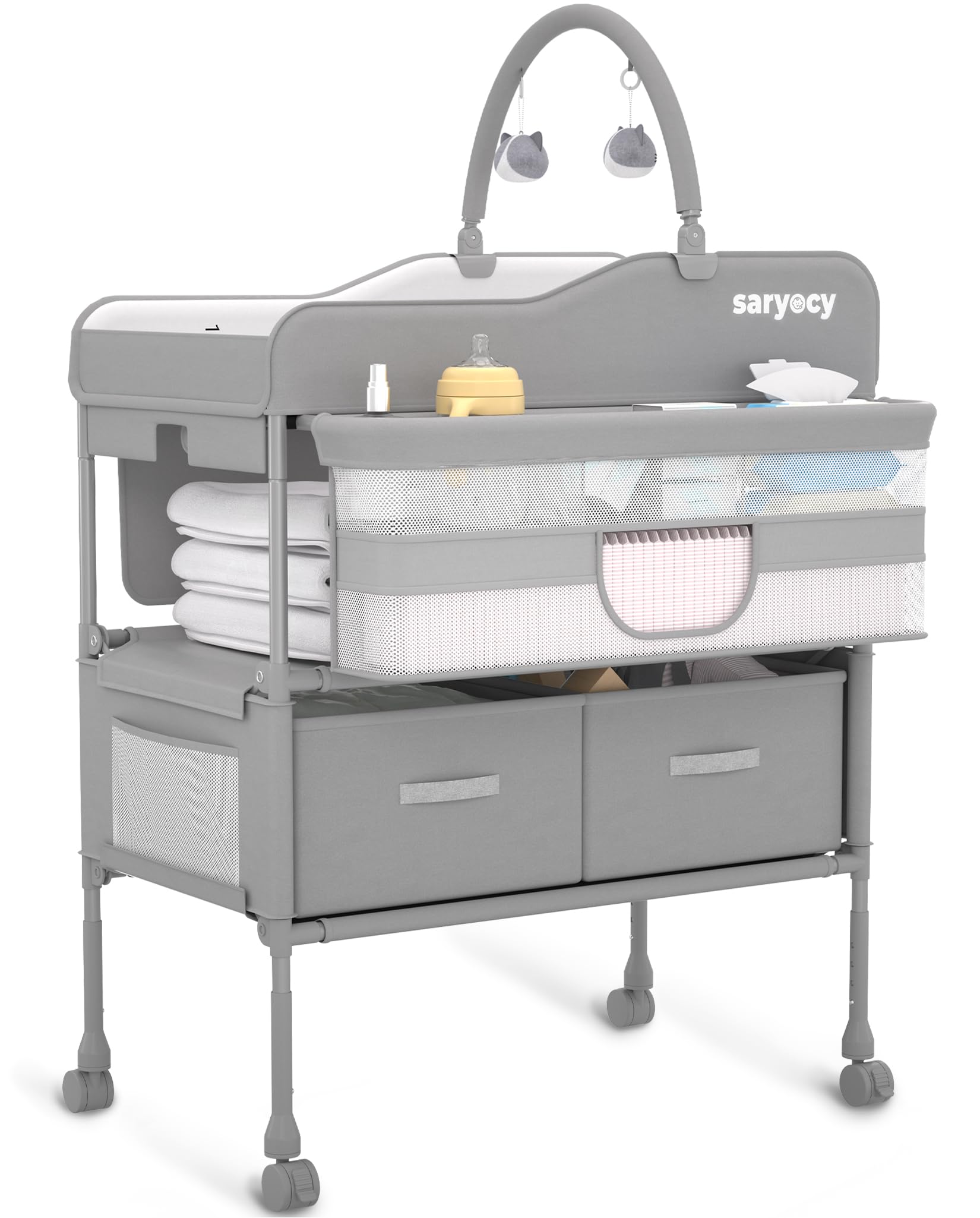 Portable Baby Changing Table with 2 Drawers - Adjustable Height Folding Diaper Station, Waterproof Nursery Organizer for Newborn & Infant - Perfect for Home, Nursery, Daycare & Travel Use