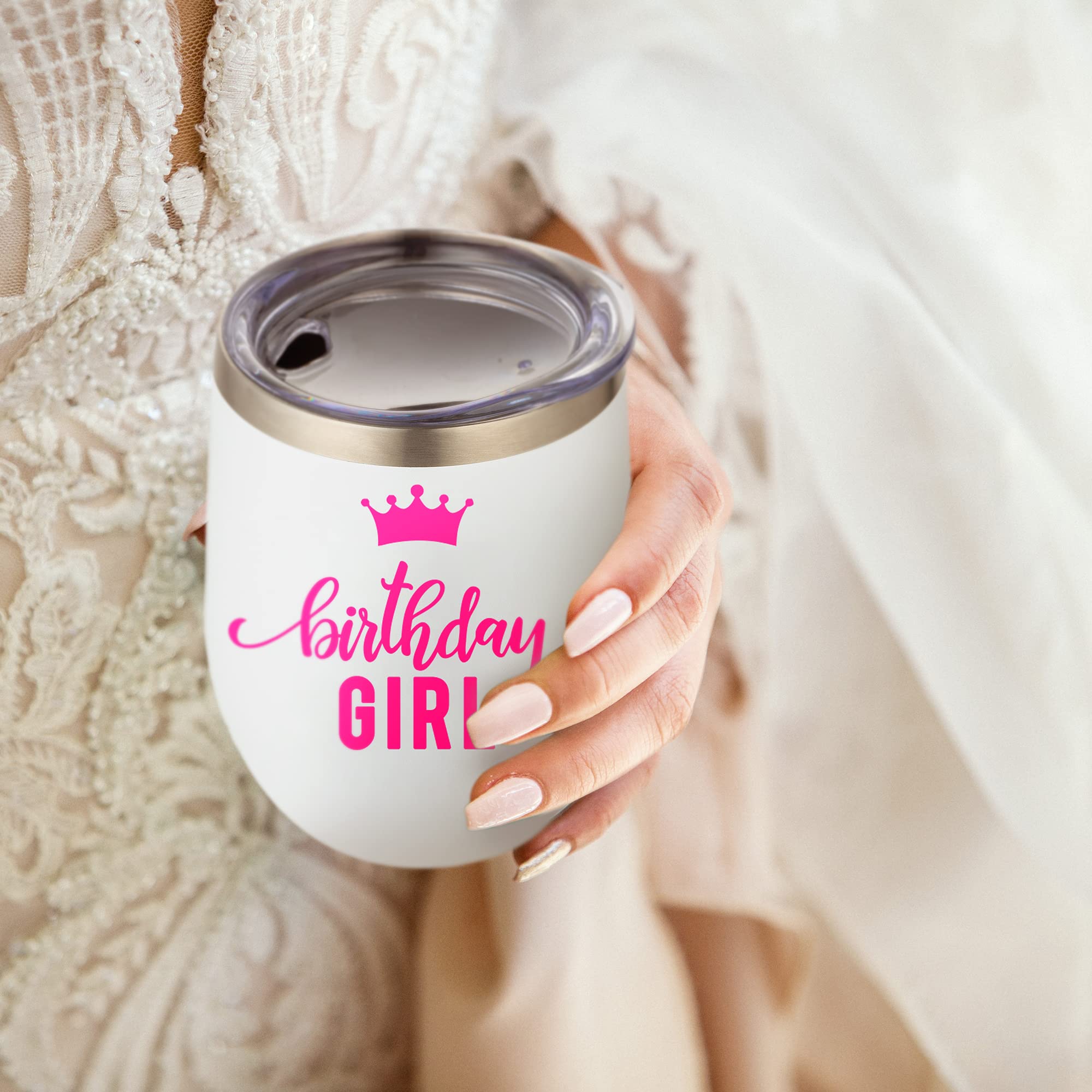 12oz Insulated Wine Tumbler for Women - Stainless Steel Birthday Cup with Lid - Perfect for Parties, Celebrations & Girls Night Out - Ideal Gift for Birthday, Bachelorette & Bridal Showers