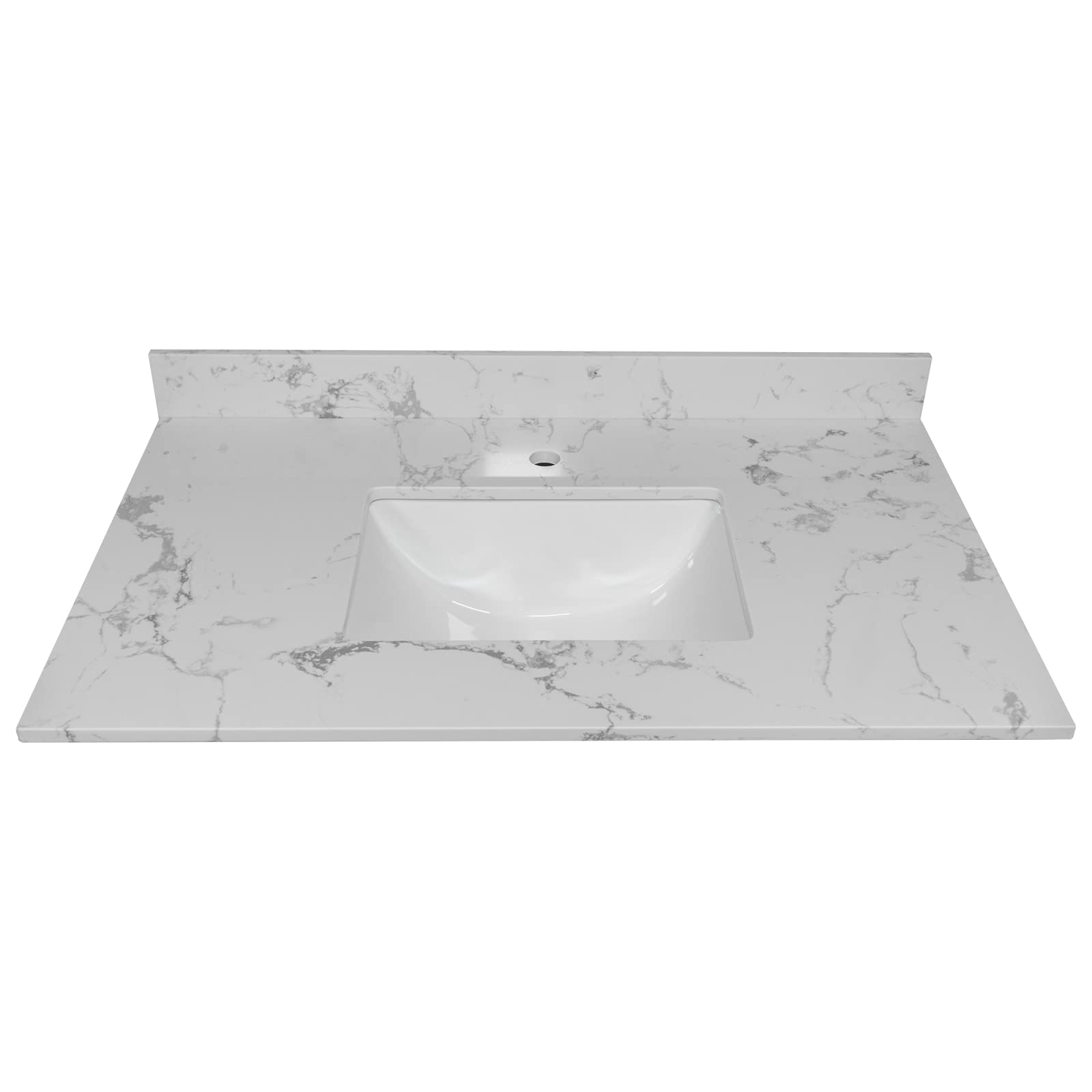 36 Inch Bathroom Vanity with Sink - White Engineered Stone Countertop & Marble Undermount Ceramic Sink, Includes Faucet Hole & Backsplash (1-Hole Design) - Perfect for Modern Bathroom Renovations & Home Upgrades